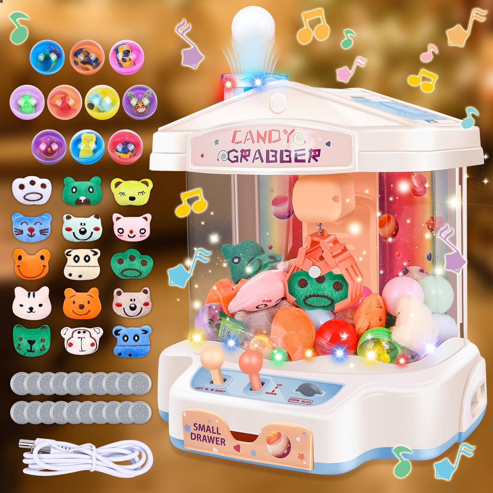 JONRRYIN Macchina ad Artiglio per Bambini, Grabber Caramelle Machine per Bambini con Musica, Macchina Giocattolo Artiglio con 15 Bambole, 20 Valuta di Gioco per Ragazzi e Ragazze