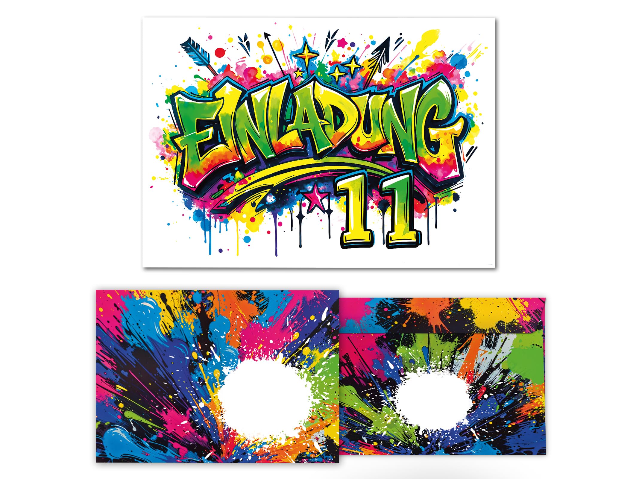 Junaversum 12 Einladungskarten inkl. 12 Umschläge zum 11. Kindergeburtstag Kinder Graffiti Mädchen Junge coole bunte Einladungen elfte Geburtstag Geburtstagseinladungen Kids