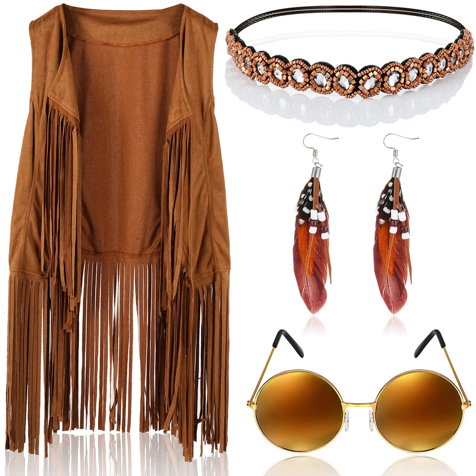 CACAZI Hippie Costume Set, 60s 70s Women Cosplay Hippie Costume Cosplay Accessories Set, Includes Tassel Vest & Boho Headband & Tassel Earrings & Sunglasses