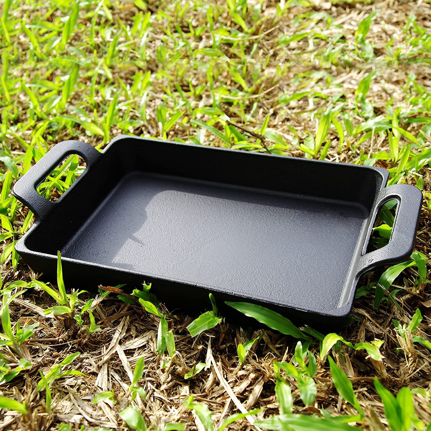 Bestargot Gietijzeren pan, inductie, grillpan, 24 x 17 cm, gietijzeren pan met twee handgrepen, rechthoekige pan, gietijzeren pan, steakpan voor gasgrill, oven, gas of camping, outdoor koken