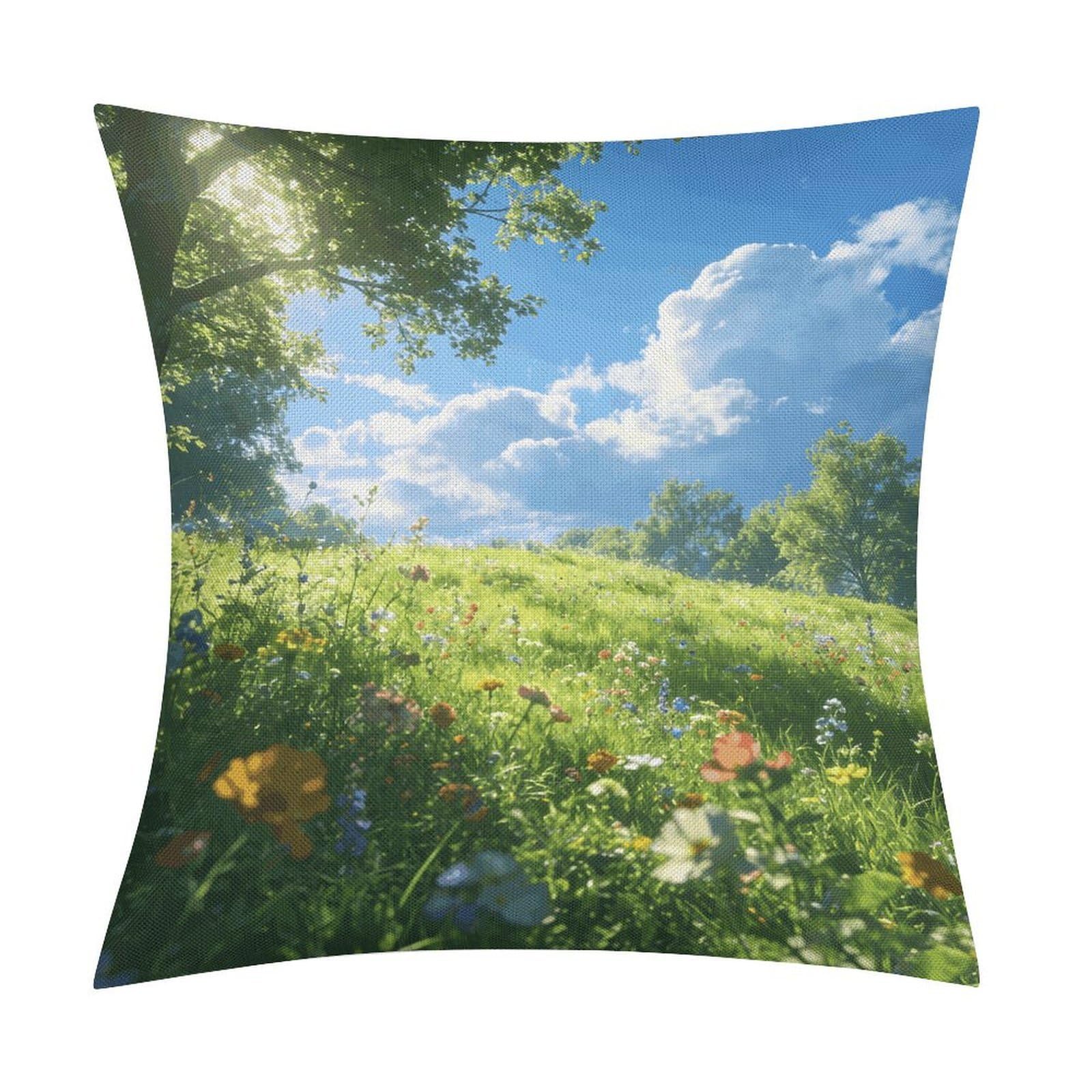 LZQPOEAS Meadow Throw Pillow Covers, Waterproof Faux Linen Pillow Cases with Invisible Zipper, Decorative Square Cushion Covers for Sofa Couch Living Room Bedroom 18x18 Inch