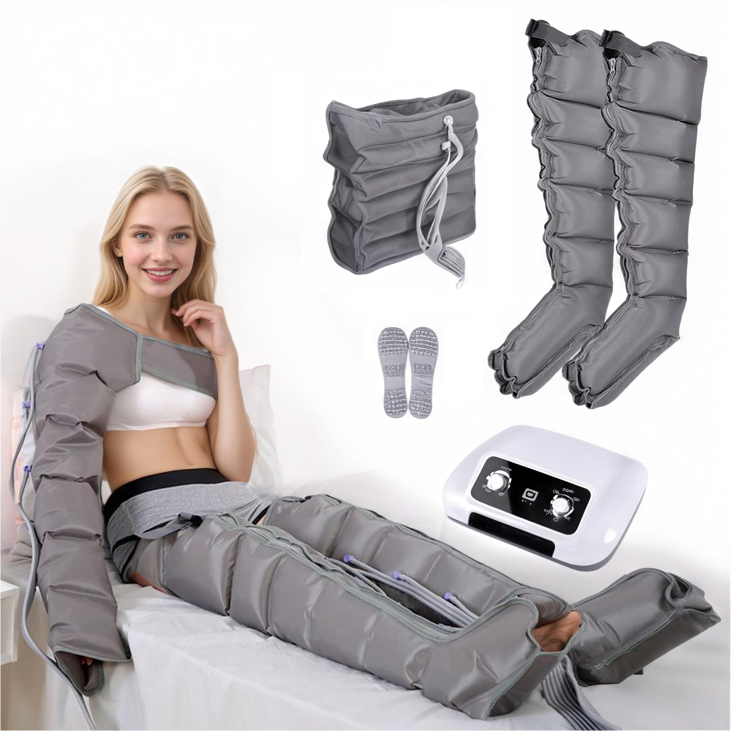 Pressoterapia gambe e addome, stivali da pressoterapia gambe, 6 camere macchina da massaggio Drenaggio linfatico circolazione, 0-30 min, 0-240 Mhg regolabili (grigio, 2 gambe + addome)