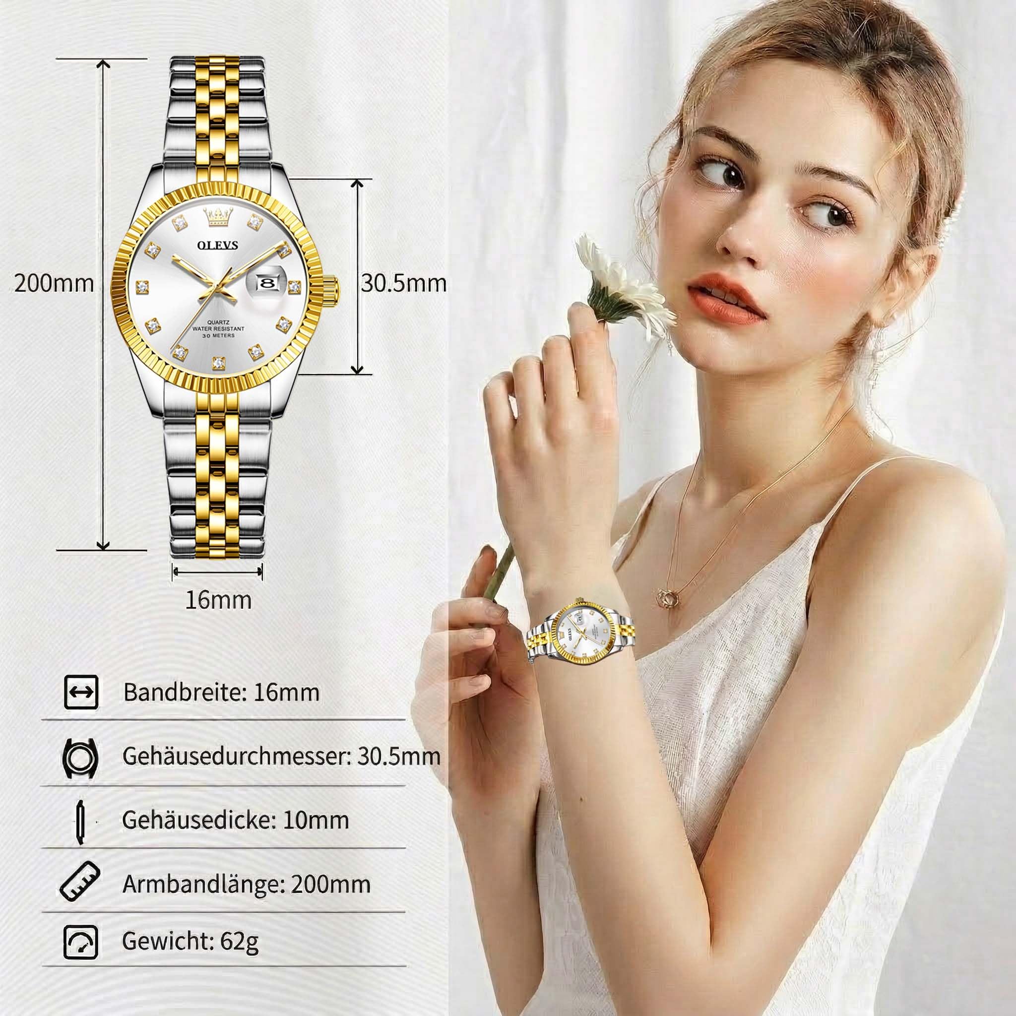 OLEVS Damen Armbanduhr Analog Quarz Wasserdicht Klassische Damenuhr Sliber Edelstahlarmband mit Datum Diamant Schlankes Design Geeignet für schmale Handgelenke