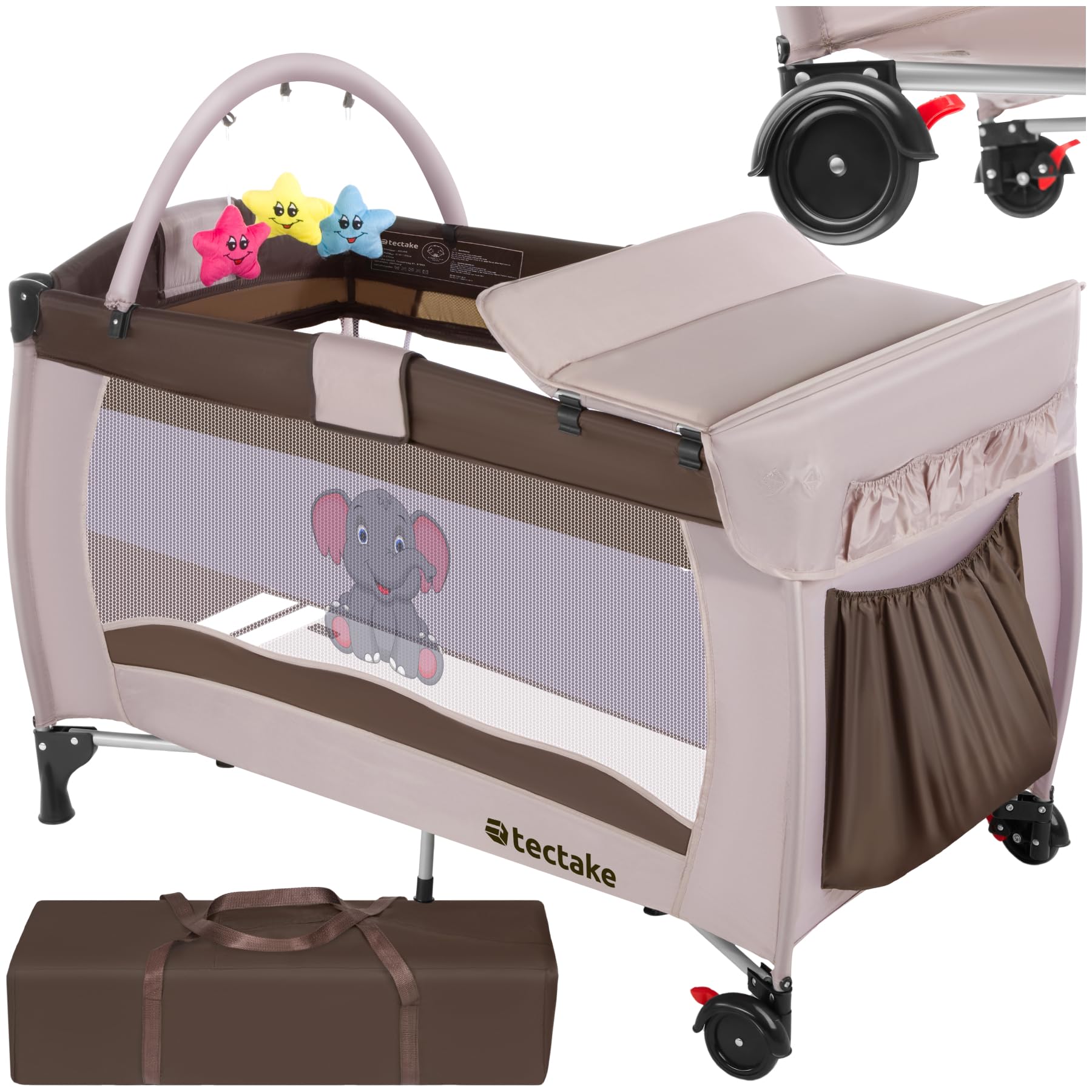 tectake® Travel Cot with Folding Function & Changing Mat, Baby Cot with Two Wheels, Raised Bed Insert, Breathable Mesh Sides & Play Arch, Portable Baby Bed, Incl. Carry Bag, From 0-36 Months - Brown