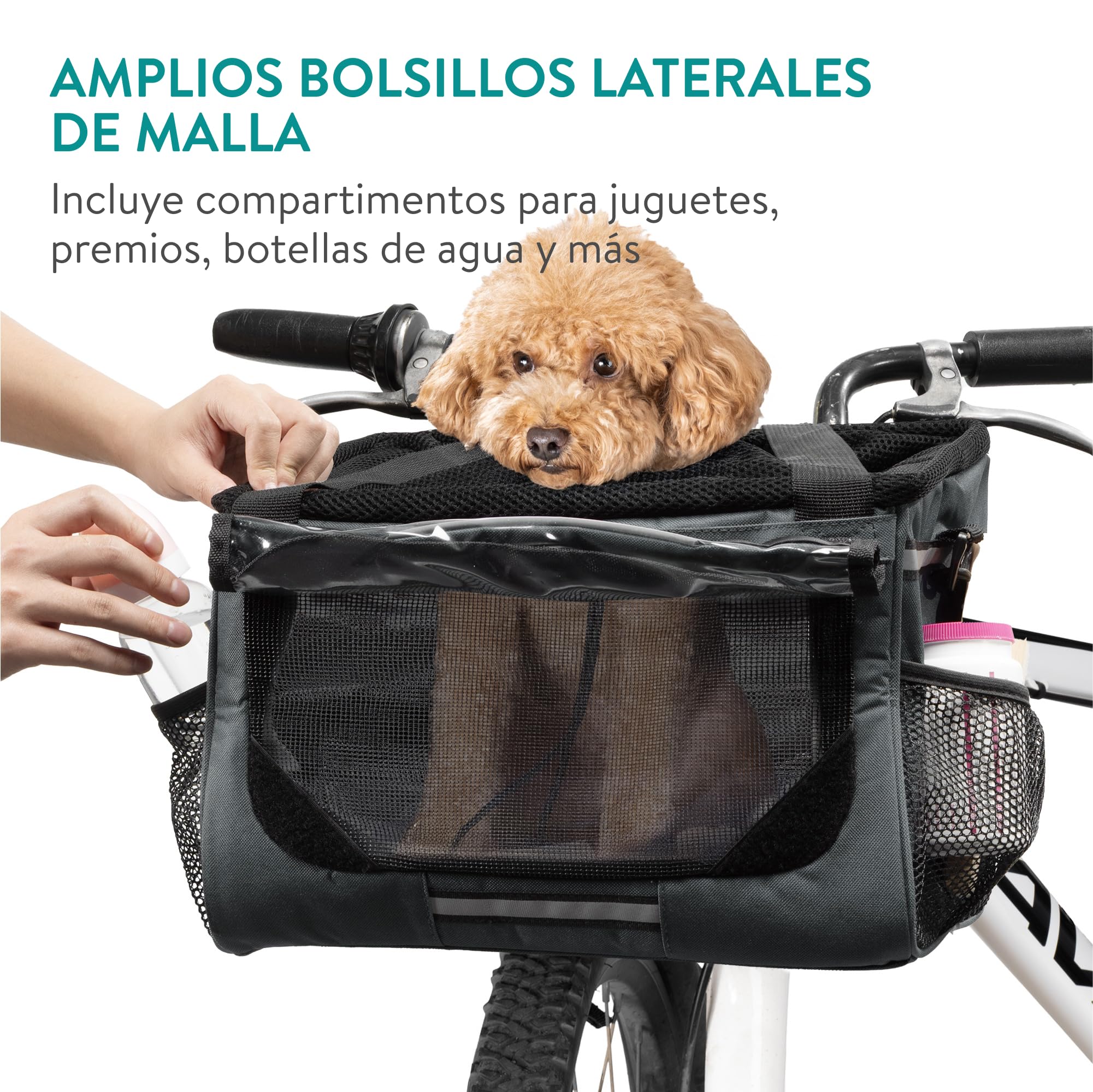 Navaris Cesta Perro Bicicleta - Cesta Bicicleta Delantera para Perros y Gatos MAX. 10 kg - Cordón Ajustable para Que No Salten - con Bolsillos Adicionales y Correa para Hombro