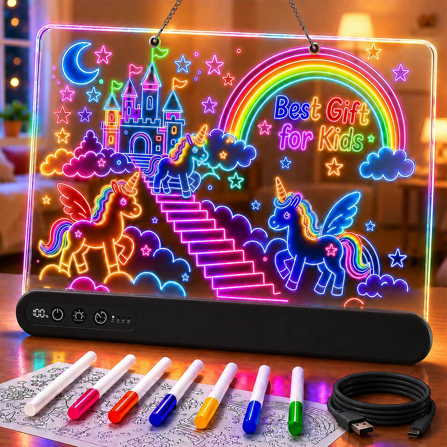 Led Drawing Board with 14 Light Effects,16" Rechargeable Glow Doodle Led Note Board with Colorful Markers,Neon Art Dry Erase Doodle Glow Drawing Tablet,Chritmas Birthday Festival Gifts for Kid (Black)