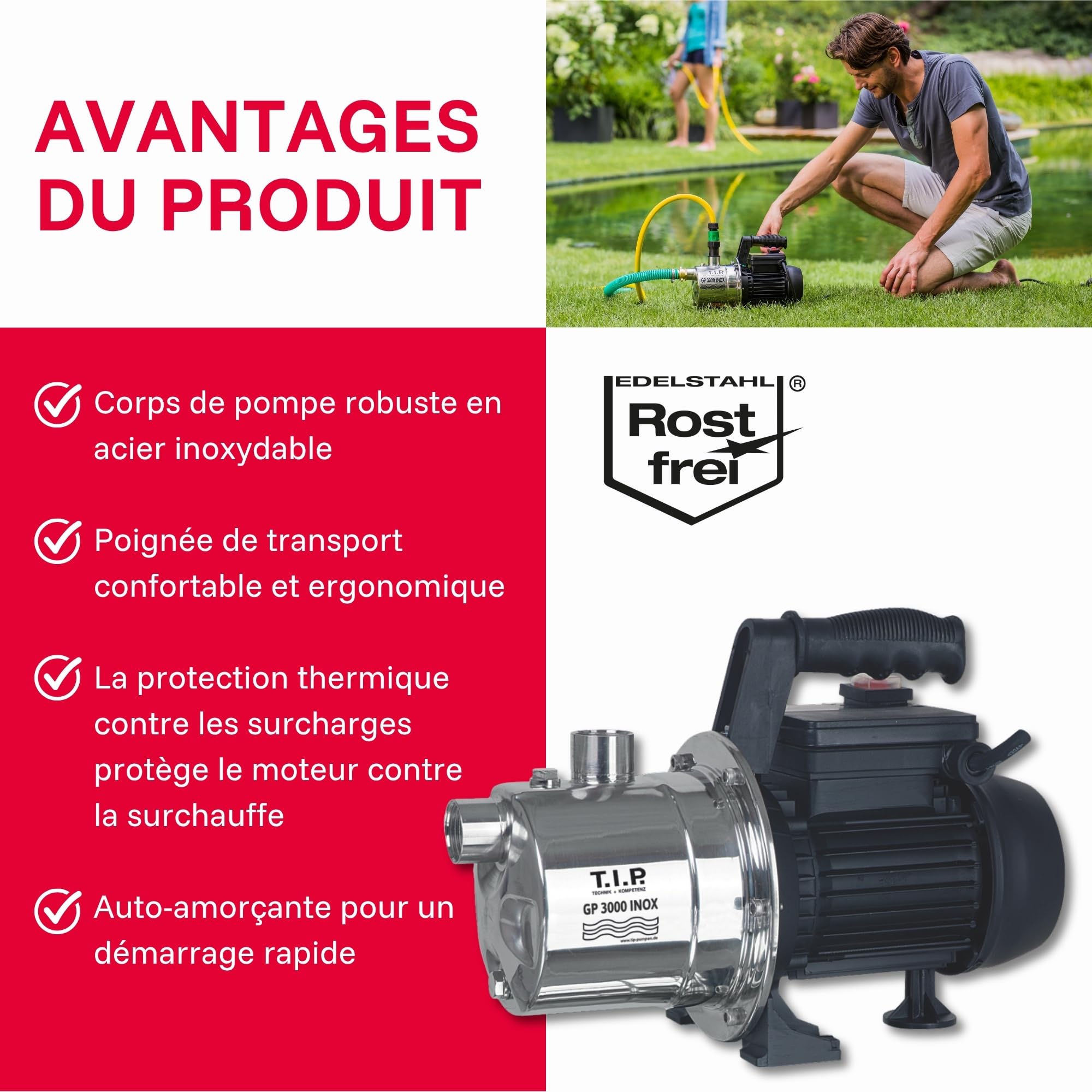 T.I.P. GP 3000 Pompe de Jardin en Acier Inoxidable Débit 2950 l/h Hauteur de Refoulement 42 m Pression d'Eau 4,2 bar Puissance 550 W avec Protection Thermique contre les Surcharges Couleur Argent Noir