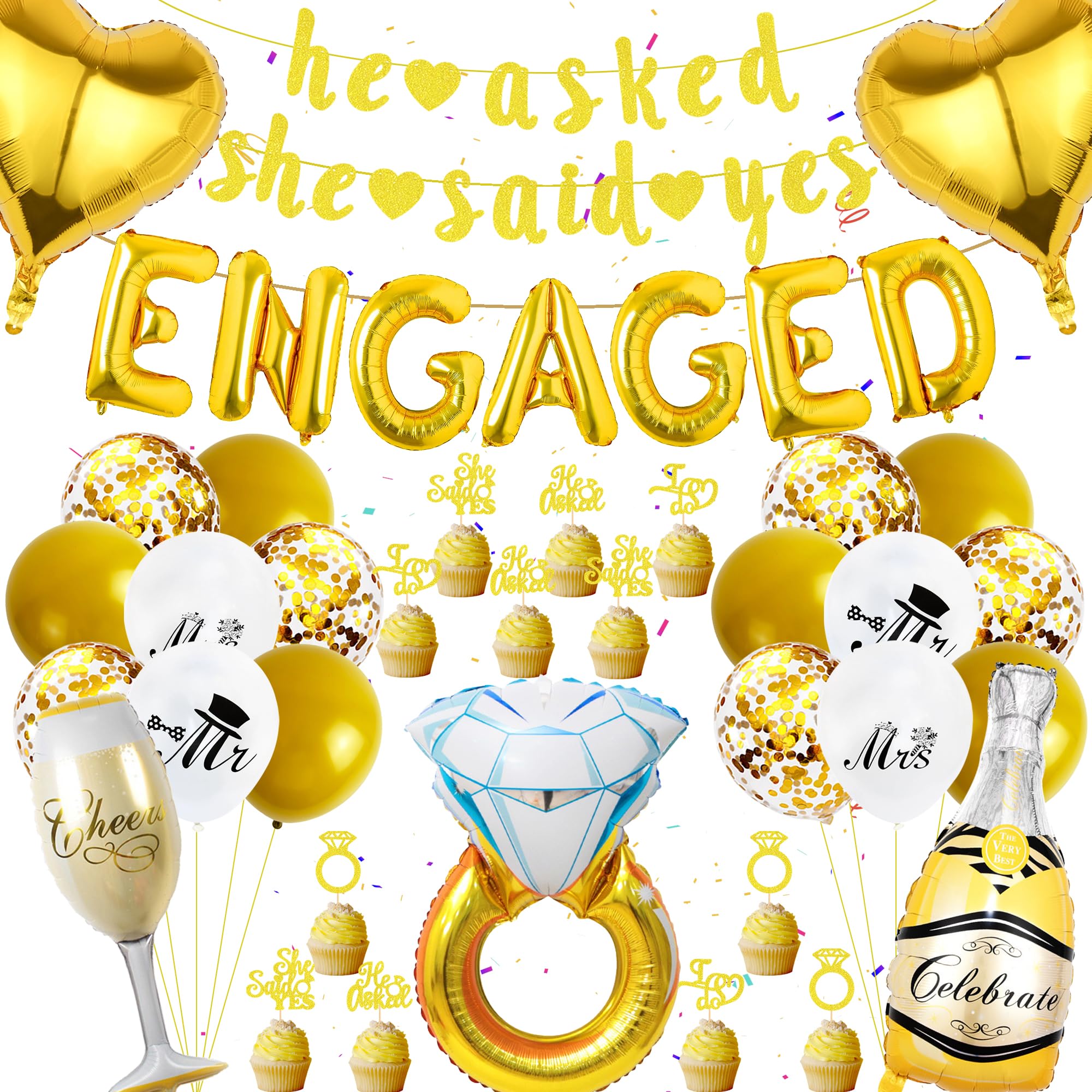 Engagement Party Decorations Set - Gold Banners, Cupcake Toppers, Diamond Ring, Wine Glass, Love Bottle, Foil Balloon for Wedding, Bridal Shower Supplies
