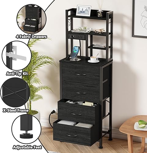 Miniatura 5 de Furnulem Tall Nightstand, LED Night Stand with Charging Station and USB Ports, 4 Fabric Drawers and 4 Tier Storage Shelf, Nightstands Bedside Tables
