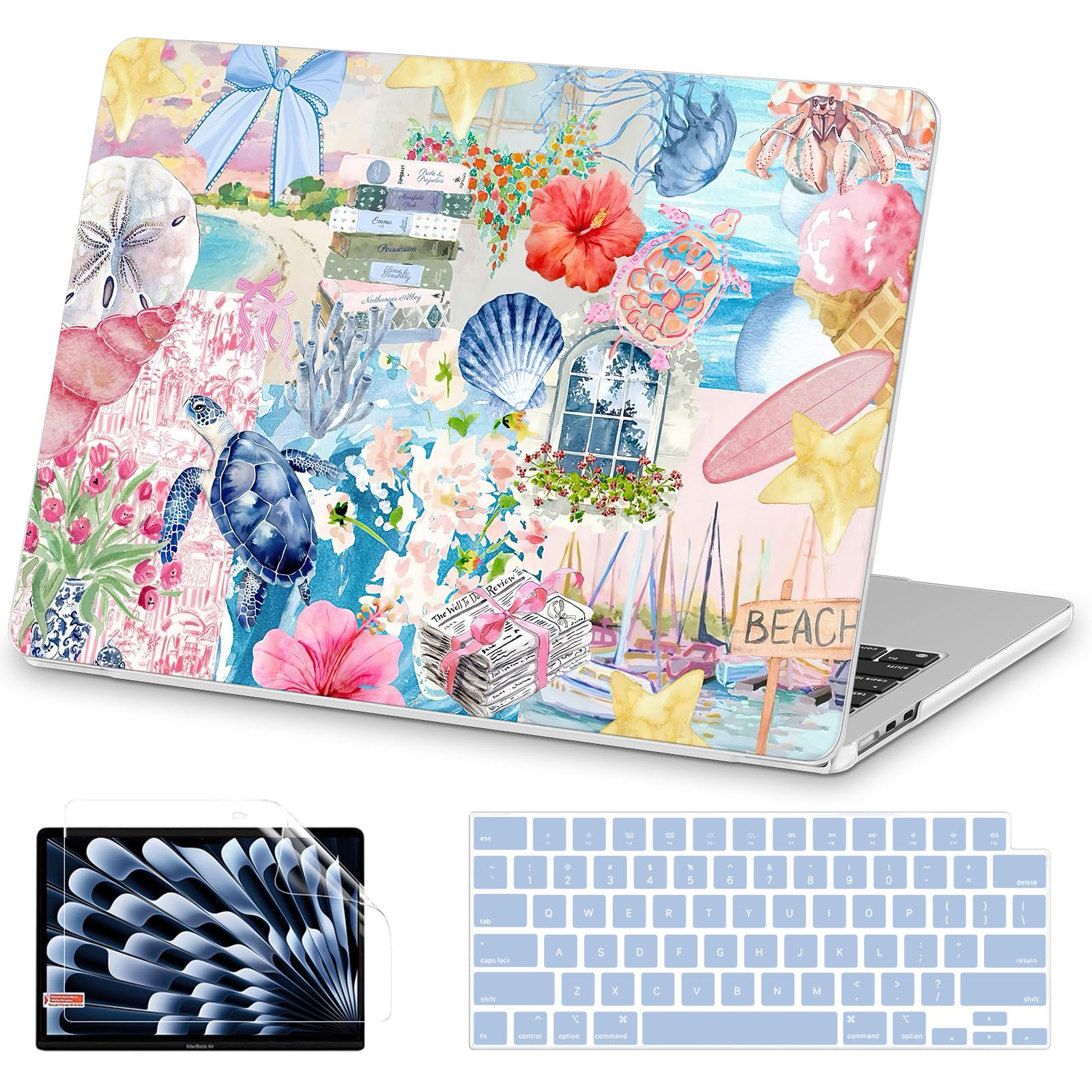 AKIT Funda rígida compatible con MacBook Air de 13 pulgadas M5 2026 2025 2024-2022 M4 M3 M2 A3449 A3240 A3113 A2681, funda rígida con patrón de tortuga marina para laptop, protector de pantalla y