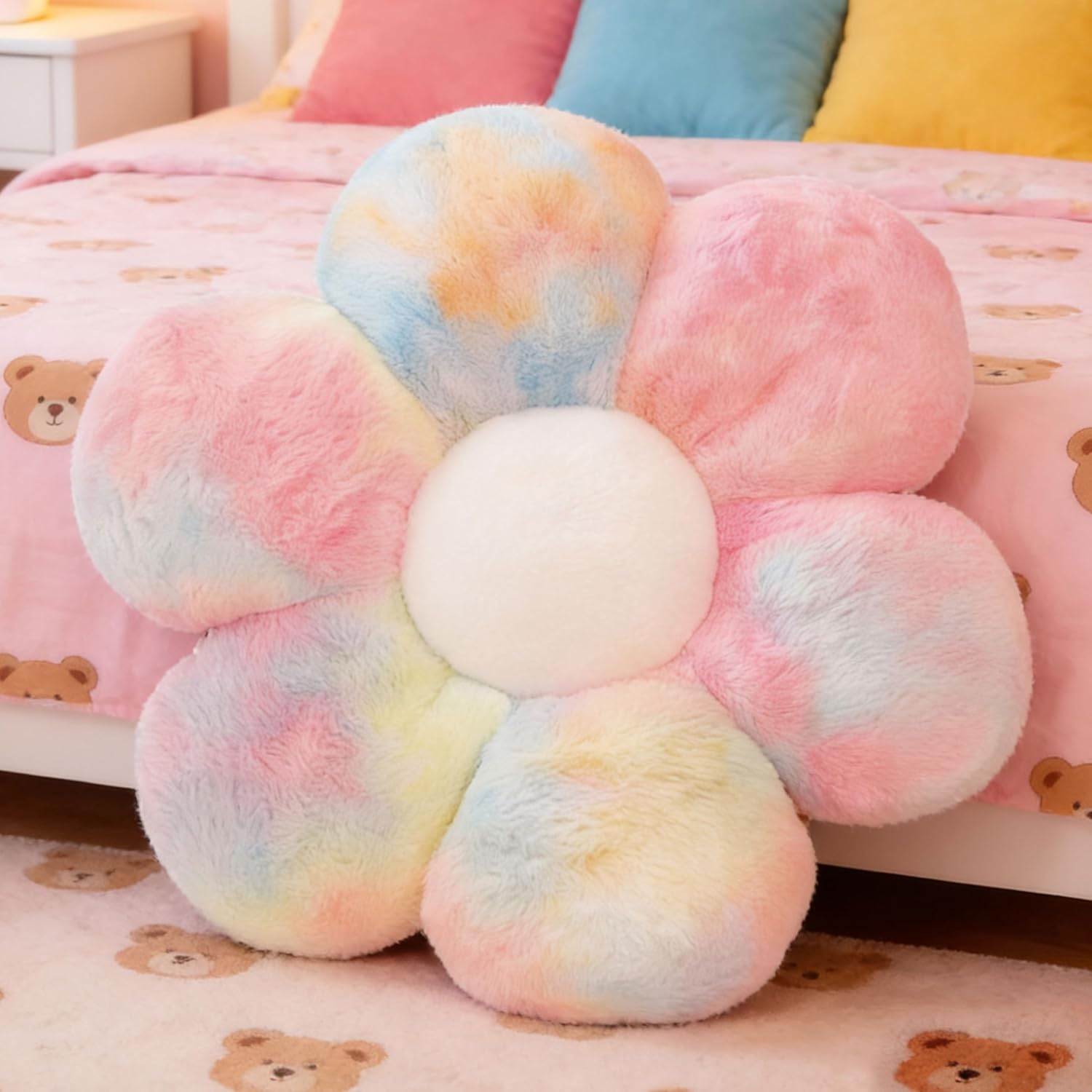 Soft friend Rainbow Flower Pillow Daisy Flower Shaped Pillow Aesthetic Decor Soft Colorful Plush Floor Seat Cushion Pillows for Sofa Bed Chair Couch
