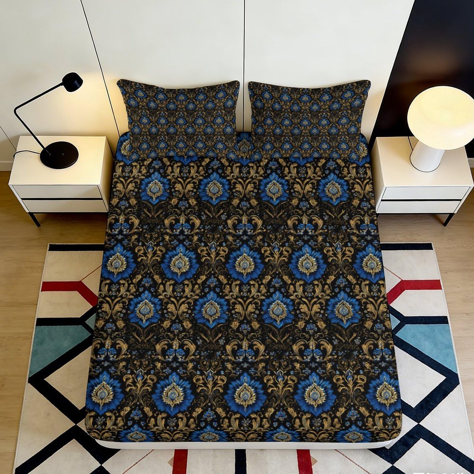 3D Printed Baroque Pattern Fitted Sheet Microfiber Soft Breathable Royal Blue Gold Mandala Mattress Cover for Bedroom Dorm Decor 90x200x25cm