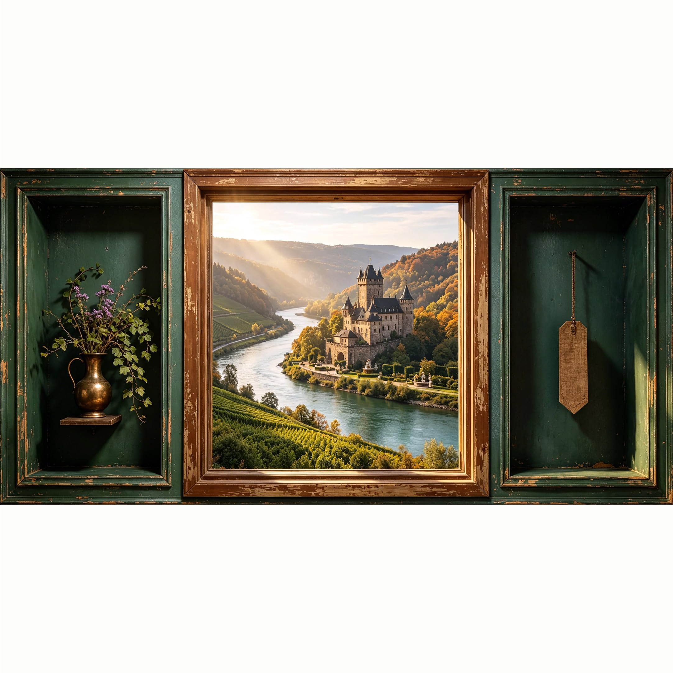 QZLITHOTIC 50x100cm 3D Framed Wall Art， European Castle Mountain River Landscape Trompe l'oeil Self‑Adhesive Mural， Water‑Activated Peel & Stick Fabric Decor Wall Decal for Bedroom Living Room
