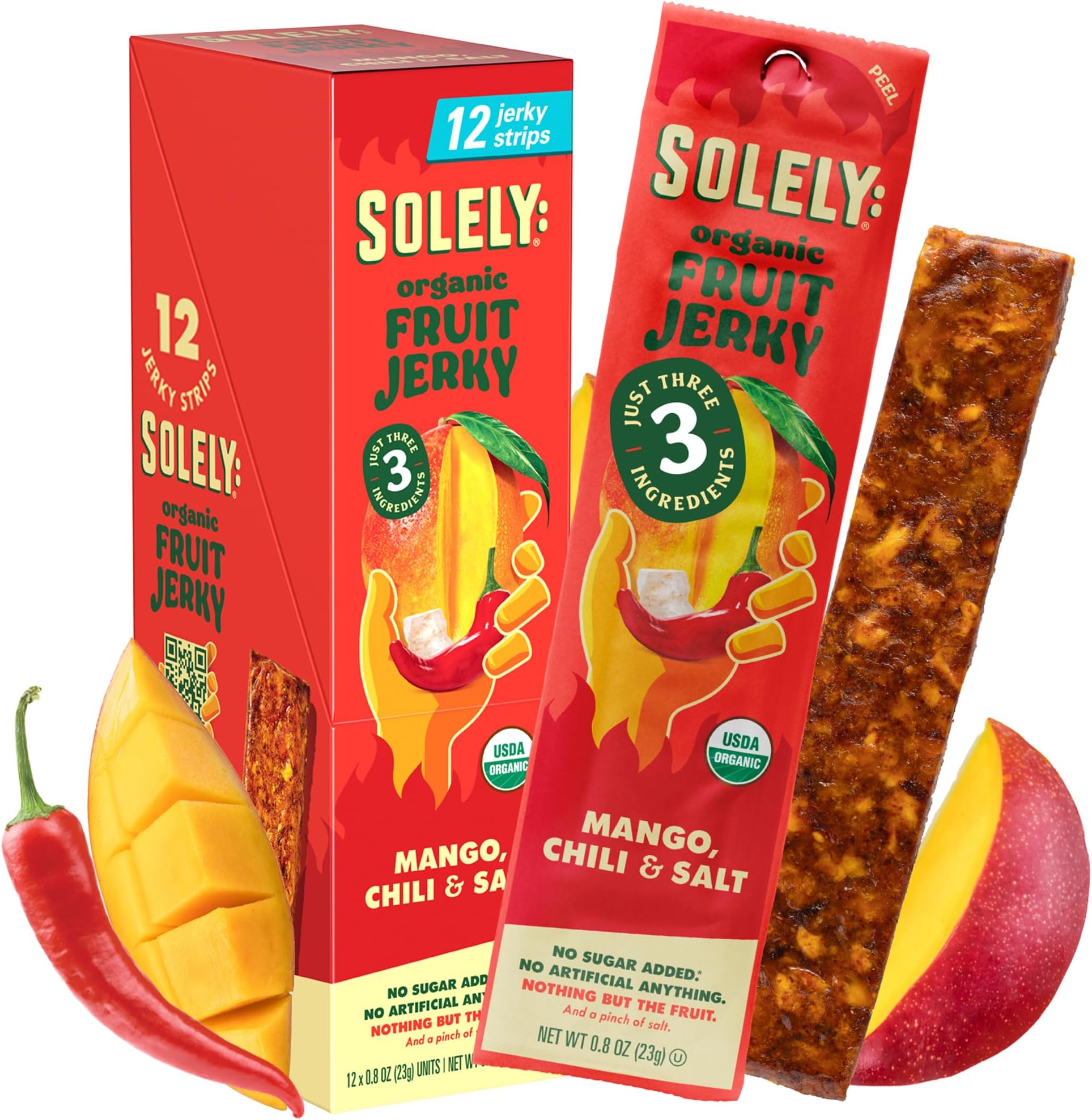 SOLELY - Organic Spicy Mango Chili and Salt Fruit Jerky - 12 Individually Wrapped Strips - Fruit Leather Made from Dried Fruit - Healthy Snacks for Adults & Kids - Vegan, Non GMO - 0.8oz (23g)