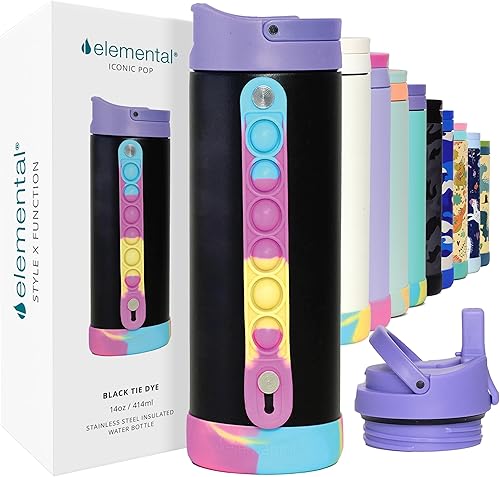 Vista 20 de Elemental Botella de agua icónica para niños con tapa de popote y asa con pop it para aliviar el estrés, a prueba de fugas cuando está cerrada
