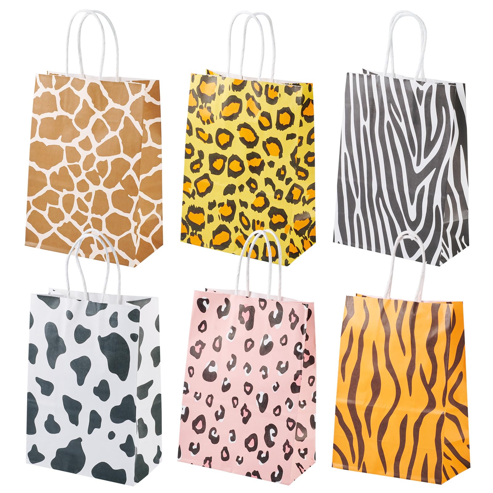 Crafans 12Pcs Leopard Print Paper Bags Cow Pattern portable Paper Bags with Handles Zebra Printed Gift Bag 6 Colours Rectangle Party Favour Tote Bag Carrier Pouch for Birthday Wedding Party Favors — image 1