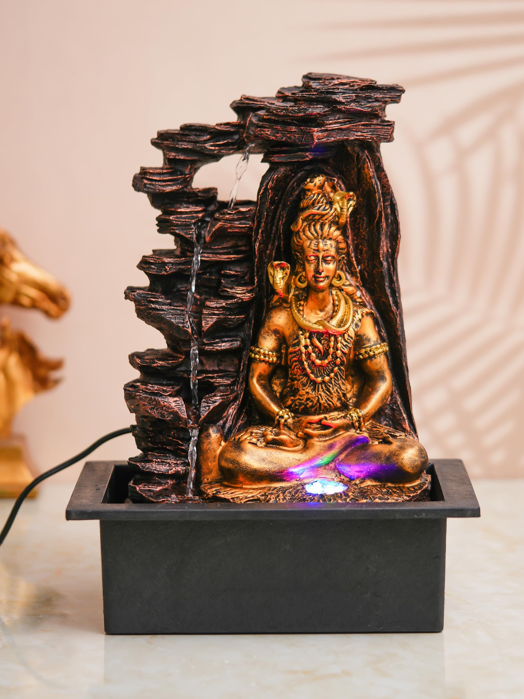 CHRONIKLE Brown & Golden Polyresin Tabletop Lord Shiv 4 Step Indoor Water Fountain for Home Decor with LED, Speed Control Pump (Size: 29 x 22 x 40 CM | Weight: 1780Gram)