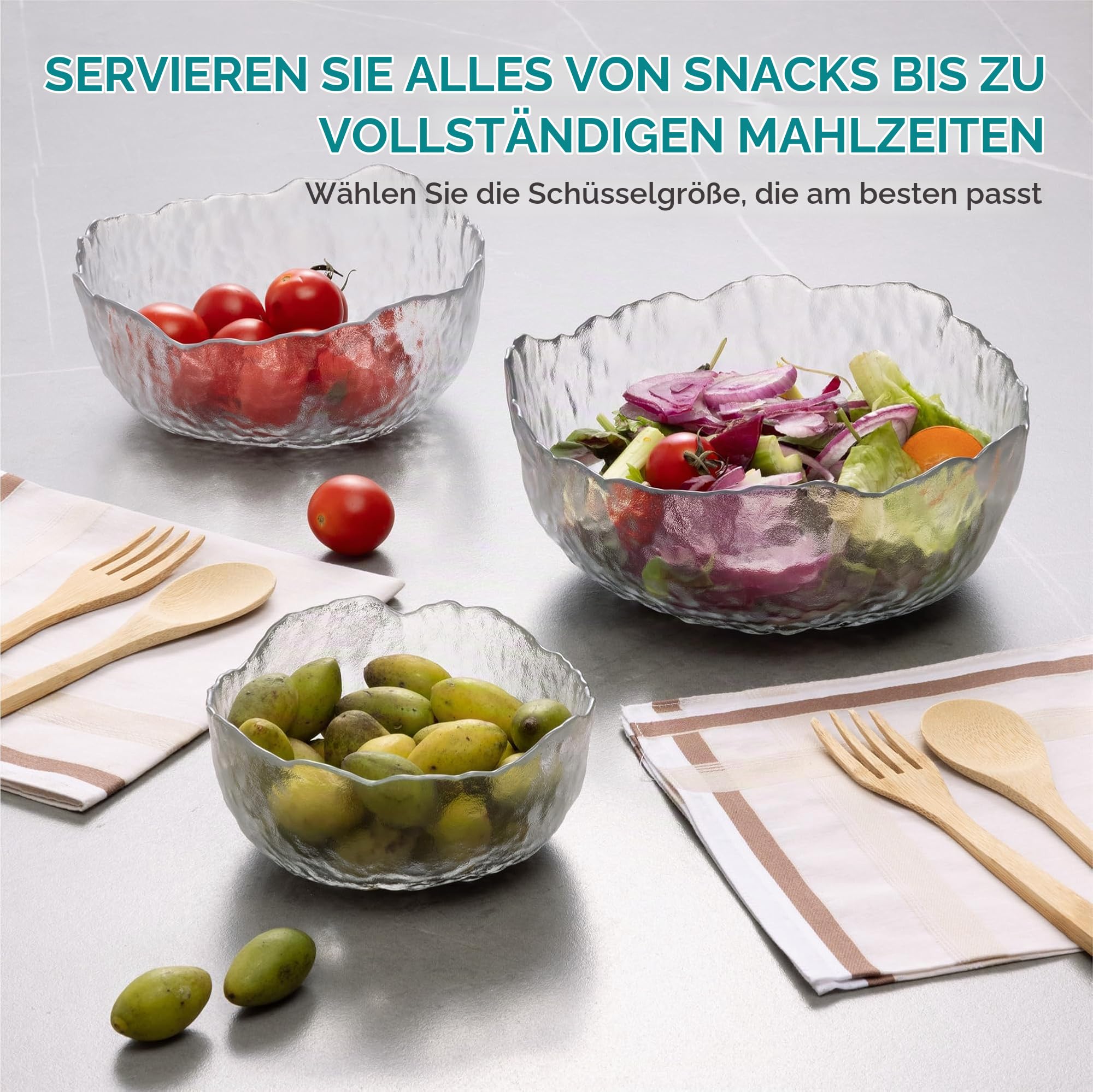 Navaris Glasschüssel 3er Set - Salatschüssel Glas groß - Glasschale rund medium - Schale klein - Glasschalen spülmaschinenfest - Glasschüsseln im Blatt Design