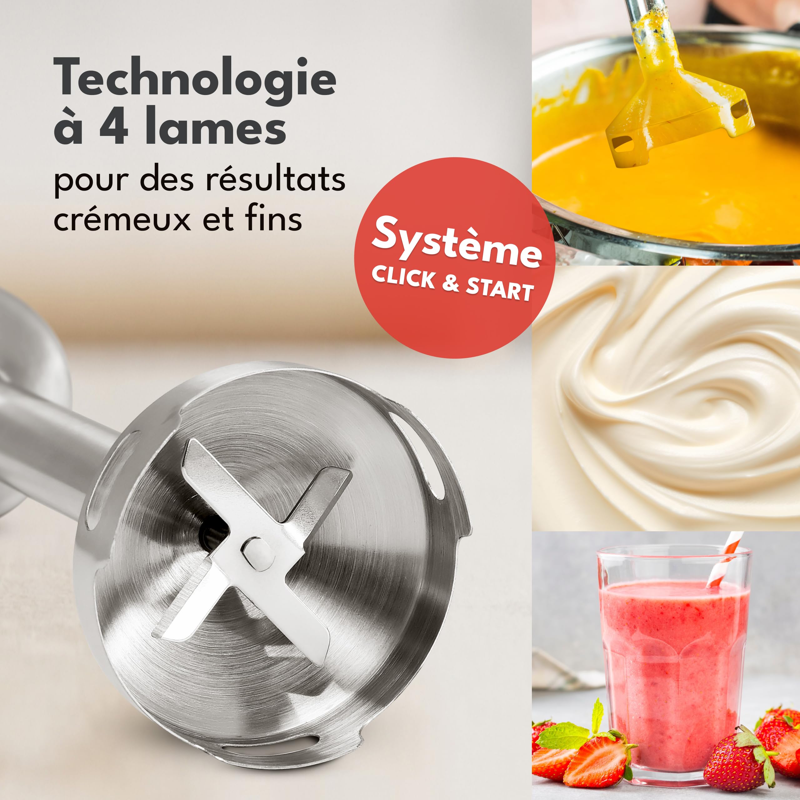 LEBENLANG Mixeur plongeant 1500W Acier inoxydable - Gobelet doseur 800ml & protection anti-éclaboussures I Réglable en continu & Turbo I Blender mixeur Mixer plongeur cuisine Mixeurs plongeants soupe