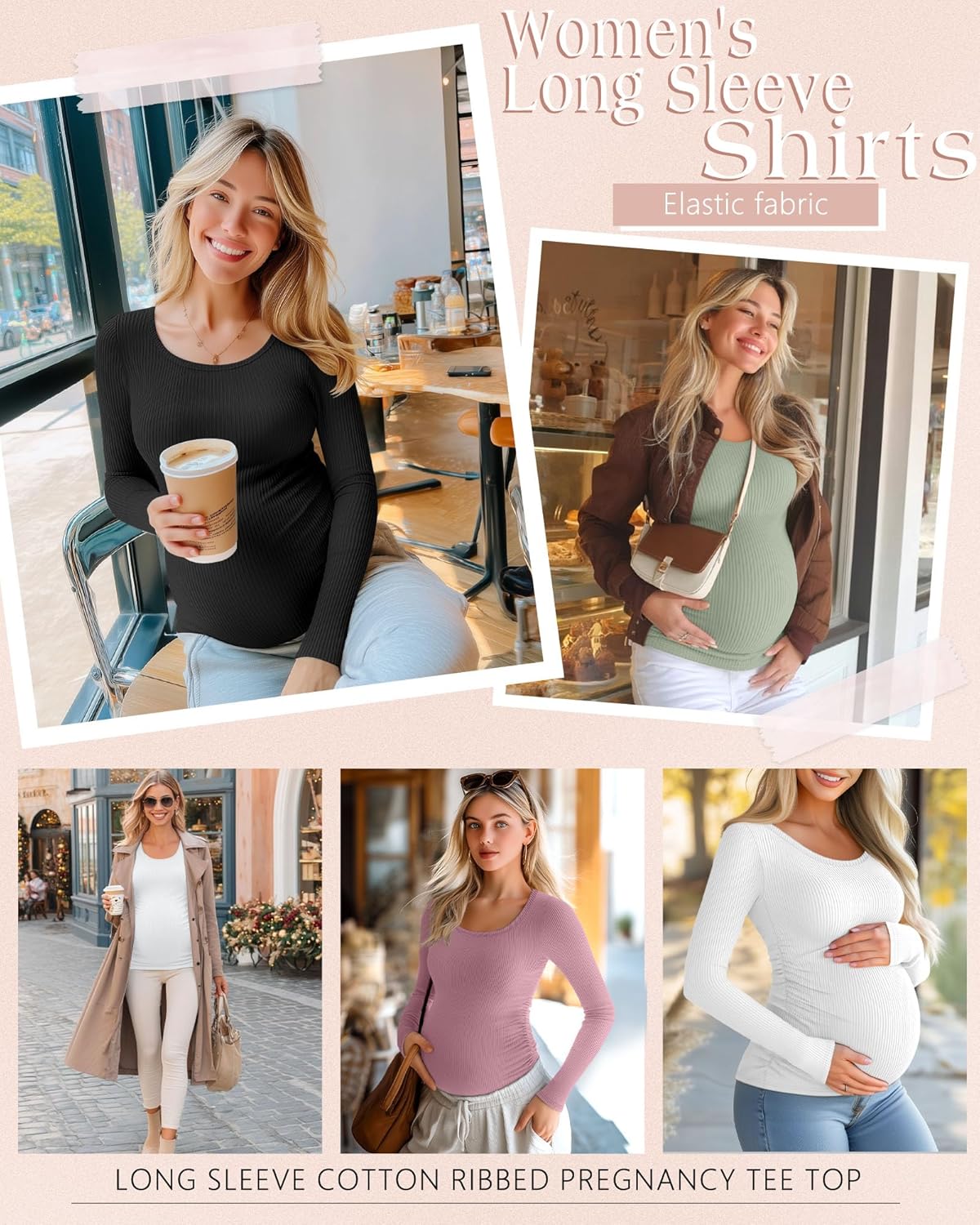 Riyiper 4 Pack Women's Maternity Shirts, Long Sleeve Cotton Ribbed Pregnancy Tee Top Crewneck Side Ruched Casual Mama Clothes - Image 2