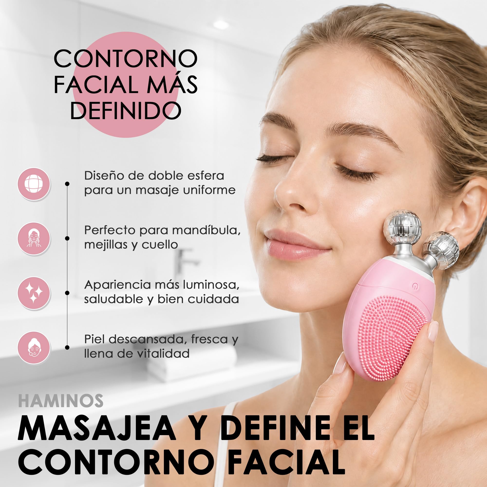 HAMINOS Cepillo Limpiador Facial Eléctrico 3 en 1, Masajeador Facial de Silicona con V-Roller, 5 Modos Sónicos, Impermeable Recargable, para Limpieza Facial, Lifting y Cuidado de la Piel