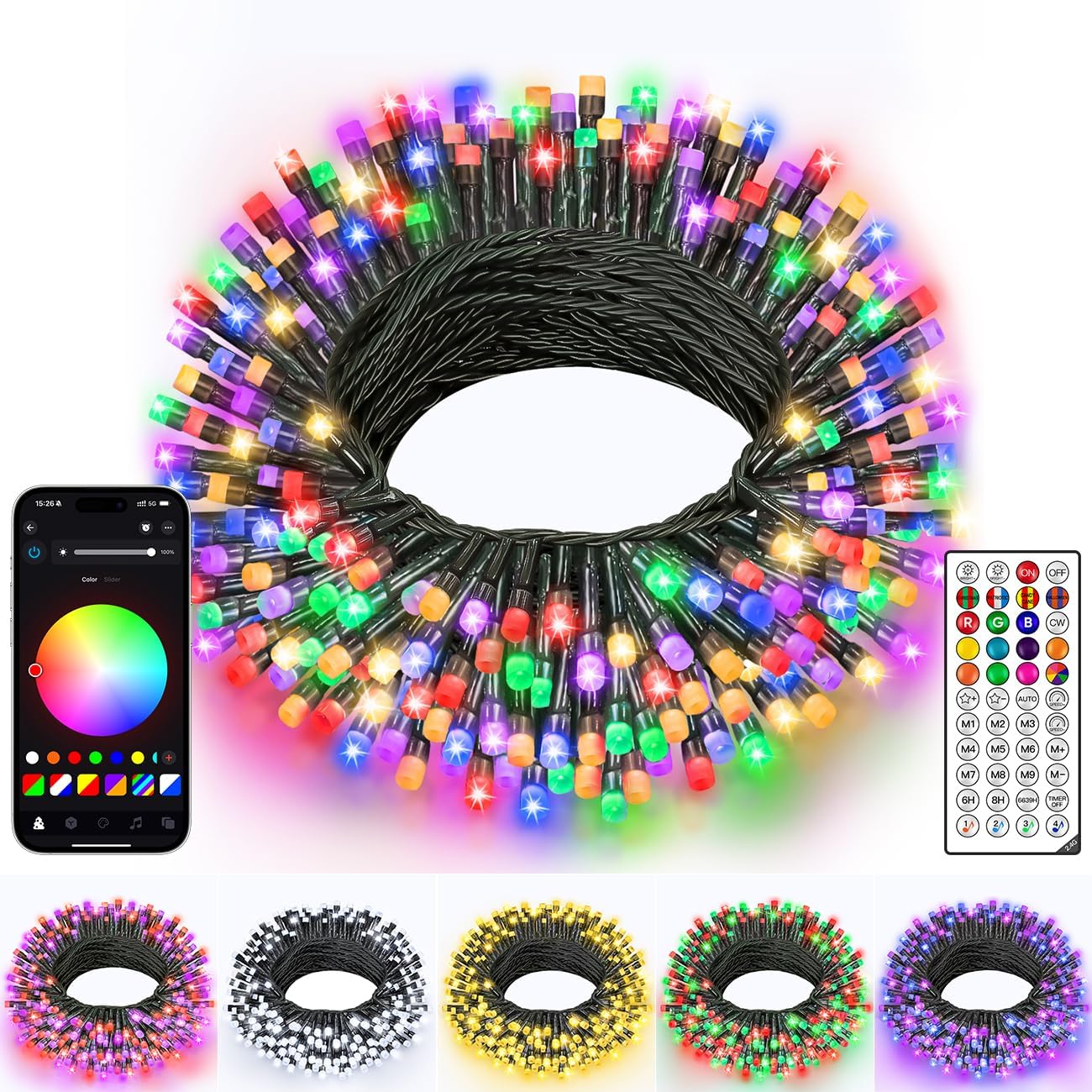 Ollny Luces de Navidad inteligentes, 66 pies, 200 LED, control de aplicación, RGB que cambian de color, luces de árbol de Navidad con control