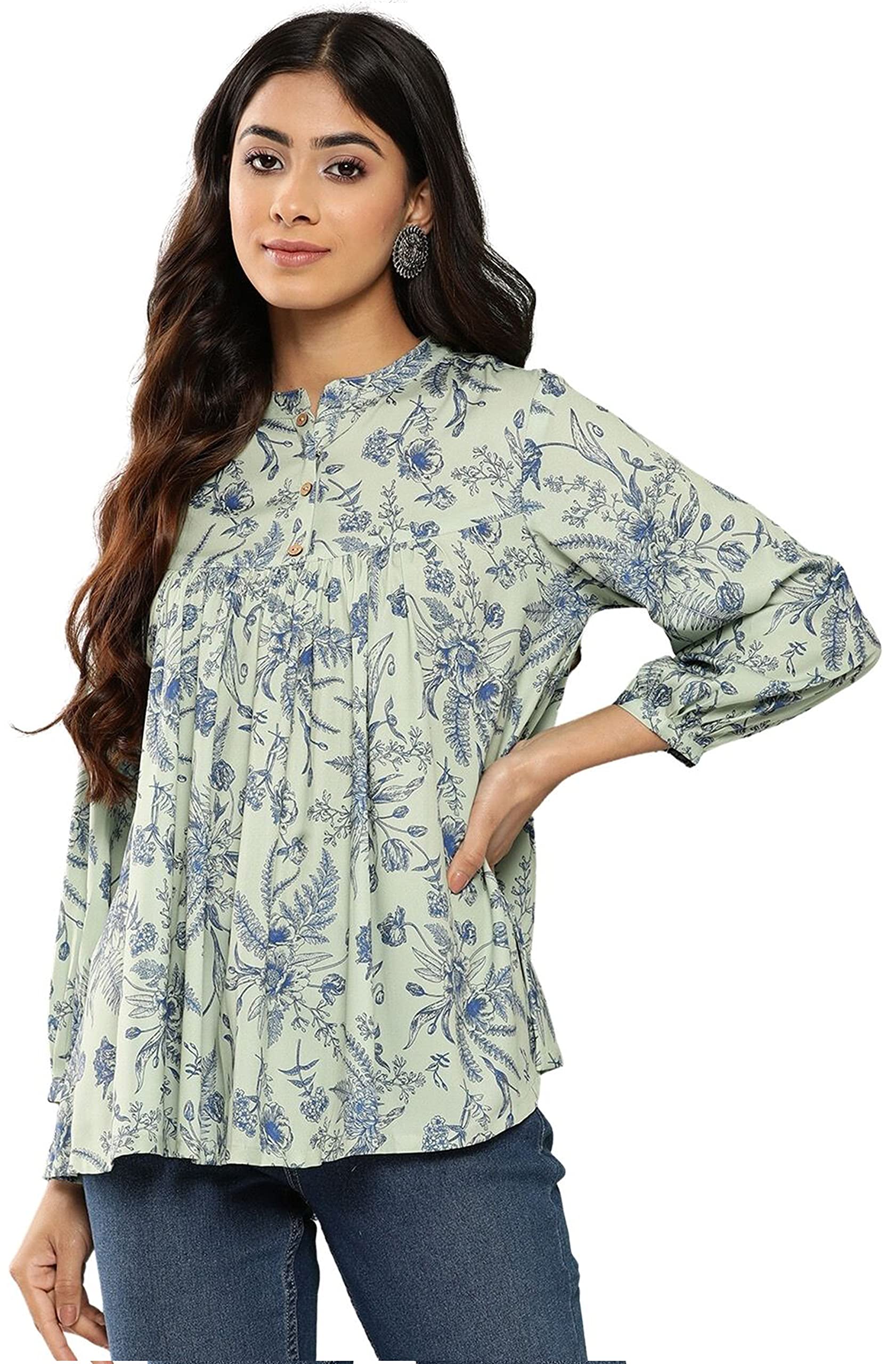 JanasyaWomen's Light Green Crepe Digital Print Empire Top