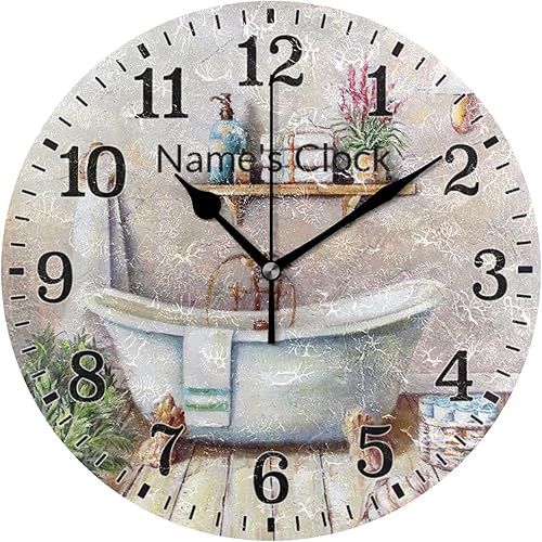 JUNZAN Reloj de pared silencioso para bañera de lavanda vintage con nombre personalizado para decoración de interiores de baño, sin tictac, reloj