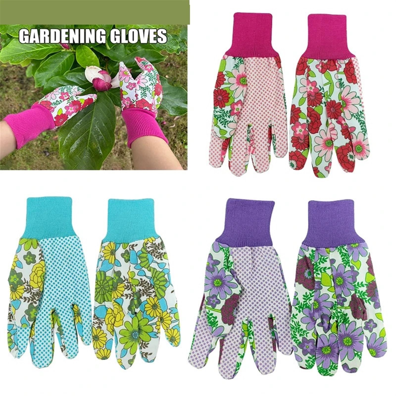 Gartenhandschuhe 3 Paar Gartenhandschuhe for Damen, weiche Baumwolle, rutschfeste Arbeitshandschuhe mit Blumenmuster, kurze elastische Sonnenschutz-Gartenhandschuhe
