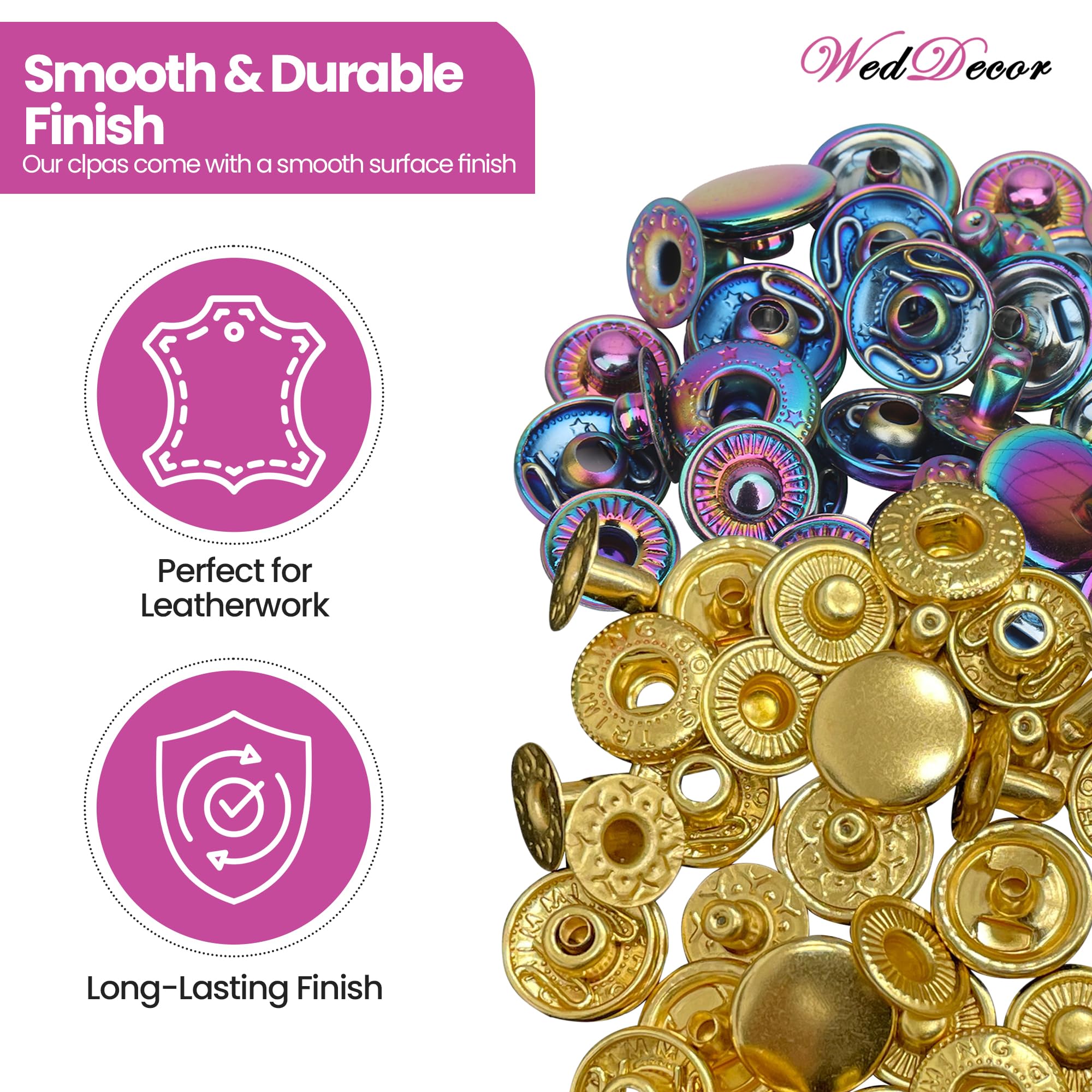 WedDecor Juego de remaches y cierres a presión, remaches tubulares de doble tapa de 8 mm, pernos de presión de resorte en S de 15 mm, cierres magnéticos de doble remache de 14 mm con caja de