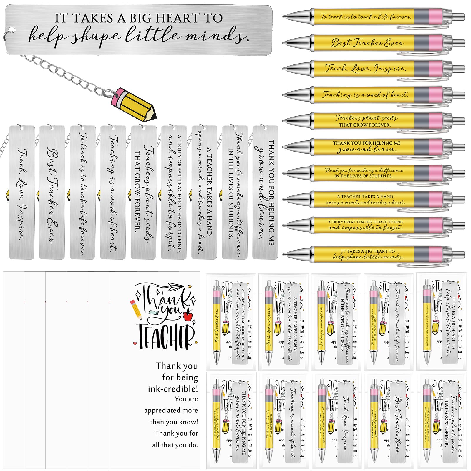 MotiMind 10 Sets Teacher Appreciation Gifts Ballpoint Pens Bookmark with Pencil Pendent Cards Back to School Thank You Teacher Gift, 10 Styles