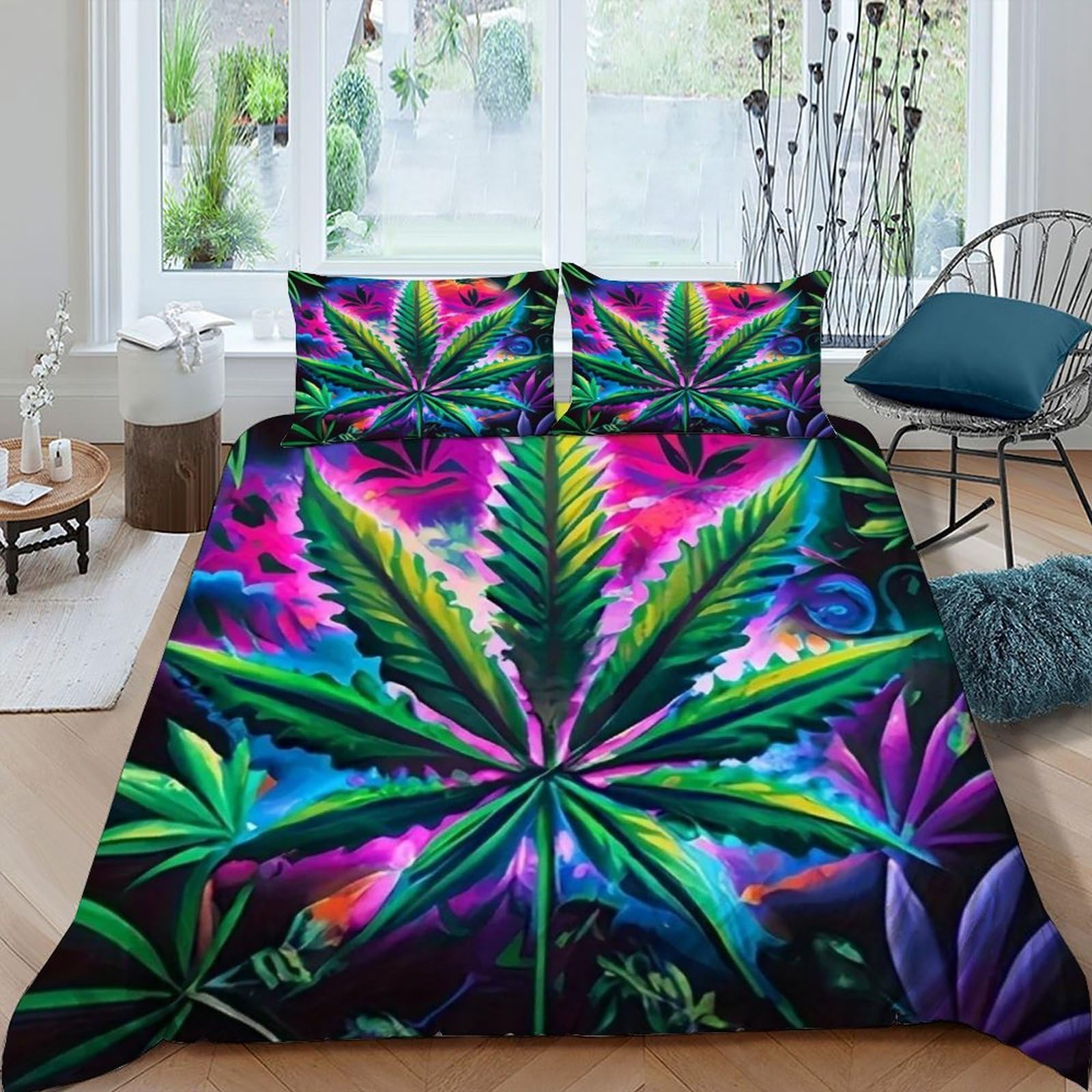 Housse de couette cannabis imprimé végétal haute définition parure de lit zippée en microfibre