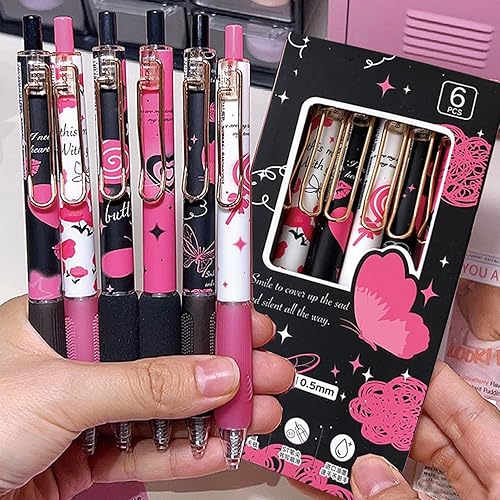 MOZXIRZ 6 bolígrafos de tinta de gel retráctiles, bonitos bolígrafos de rosa de 0.020 in, bolígrafos de tinta negra, suministros escolares de