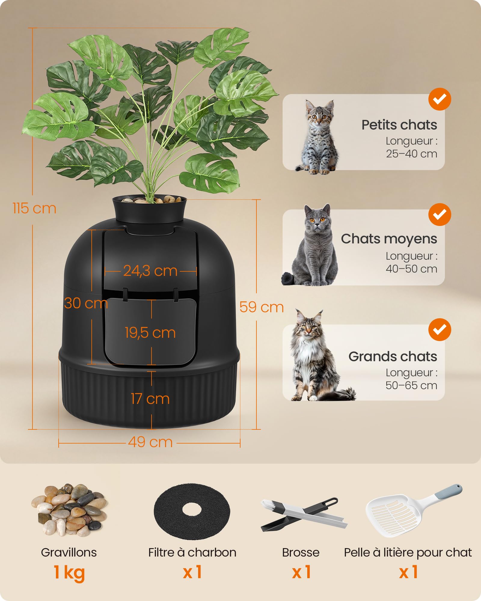 Feandrea Meuble Litière Chat, avec Fausse Plante, Bac à Litière pour Chat avec Porte, Filtre à Charbon, Contrôle des Odeurs, Galets Décoratifs, Pelle, Brosse, Noir d'encre PPT006B101