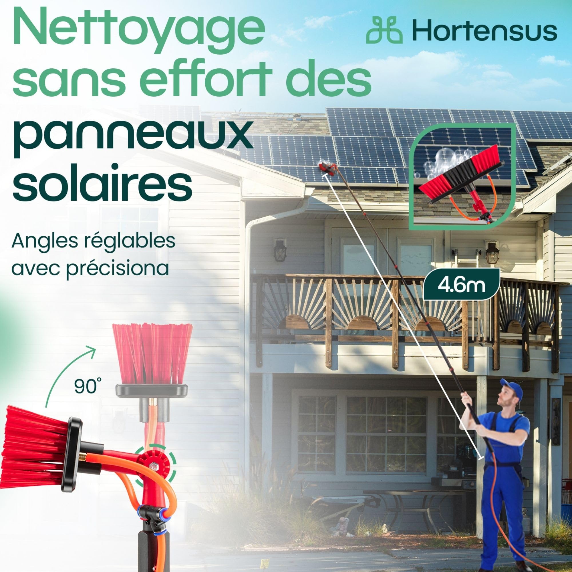 Balai Brosse Telescopique – Brosse Telescopique de Nettoyage avec Raccord d’Eau pour Voitures, Camping-Cars, Garage, Toiture, Façades et Nettoyage des Panneaux Solaires (4,6 m)