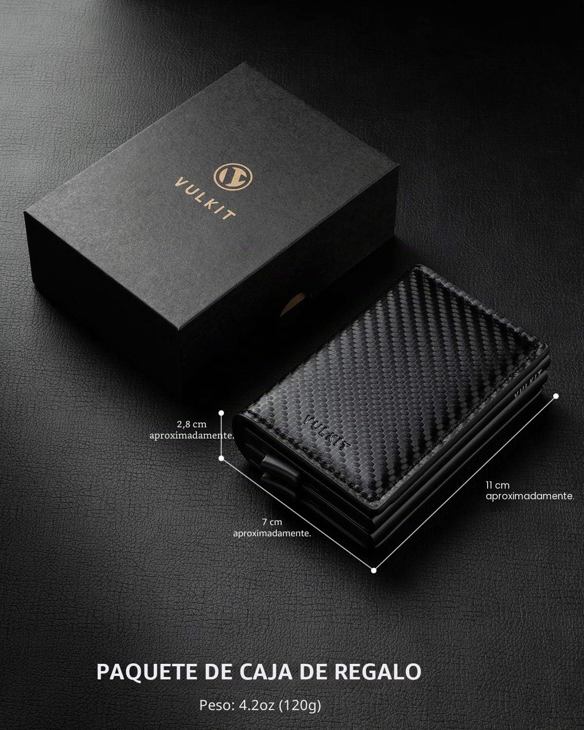 VULKIT Pocket Cartera Tarjetero Hombre Piel Fibra de Carbon con Aluminio Caso RFID Bloqueo Tarjetero Minimalista con 3 Ranuras para Tarjetas y Billetes