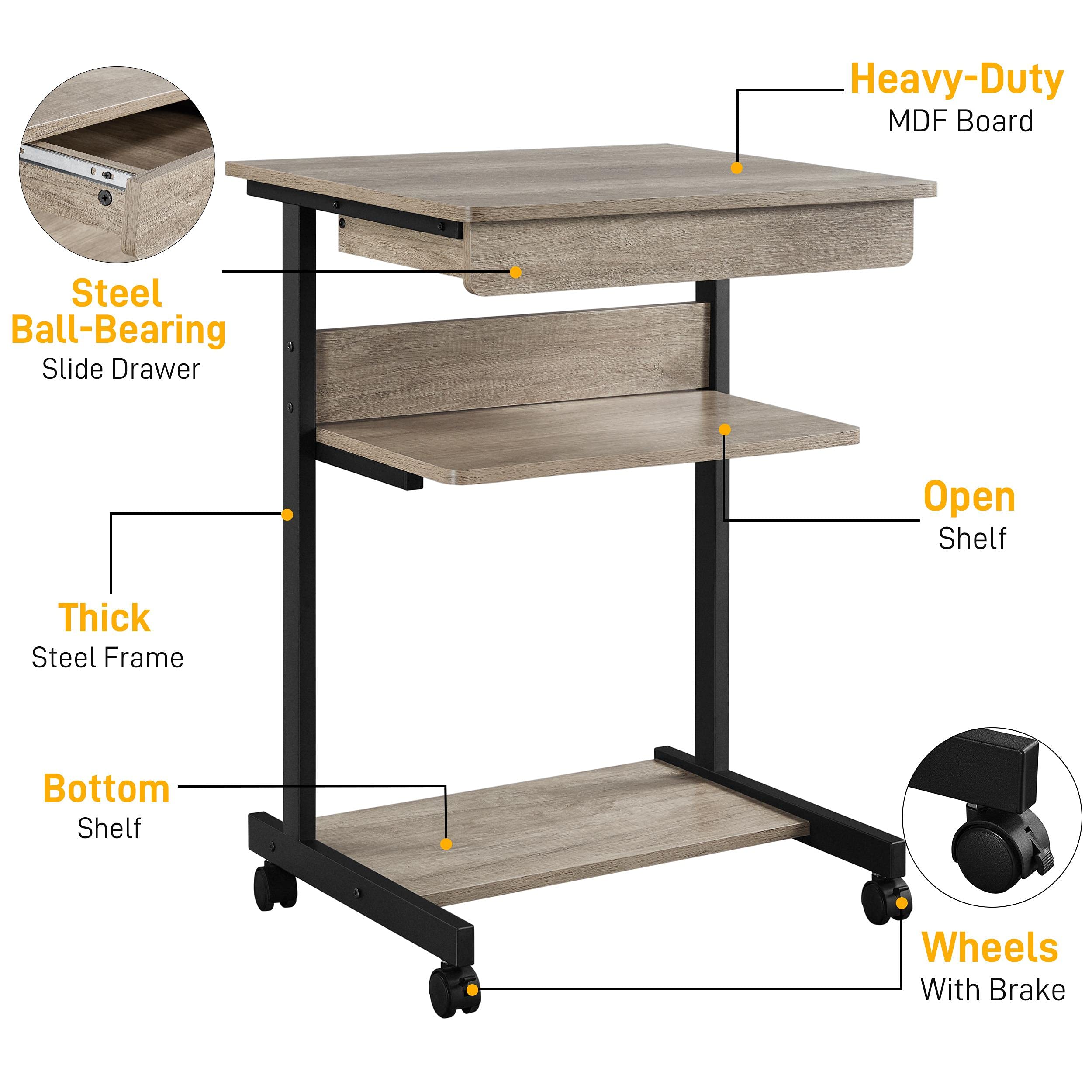 Yaheetech Schreibtisch, Computertisch auf Rollen, Bürotisch mit Tastaturablage und offenem Fach, Industrie-Design, 56 x 51 x 79 cm, für Homeoffice, Arbeitszimmer, Grau