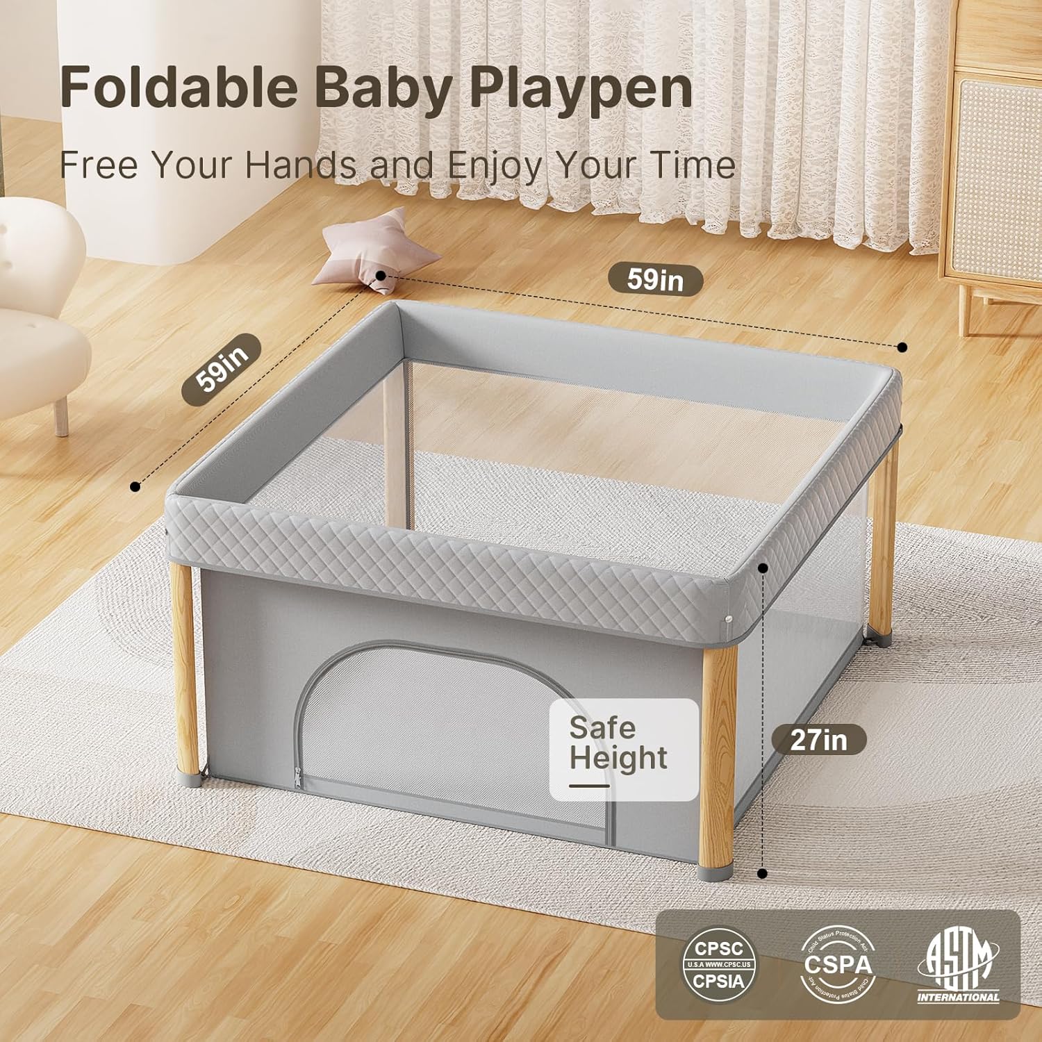 Foldable Baby Playpen, 59x59 Foldable Play Pen for Babies and Toddlers, Portable Playpen Indoor Outdoor, Kids Safety Area Travel Play Yard with Storage Bag Grey