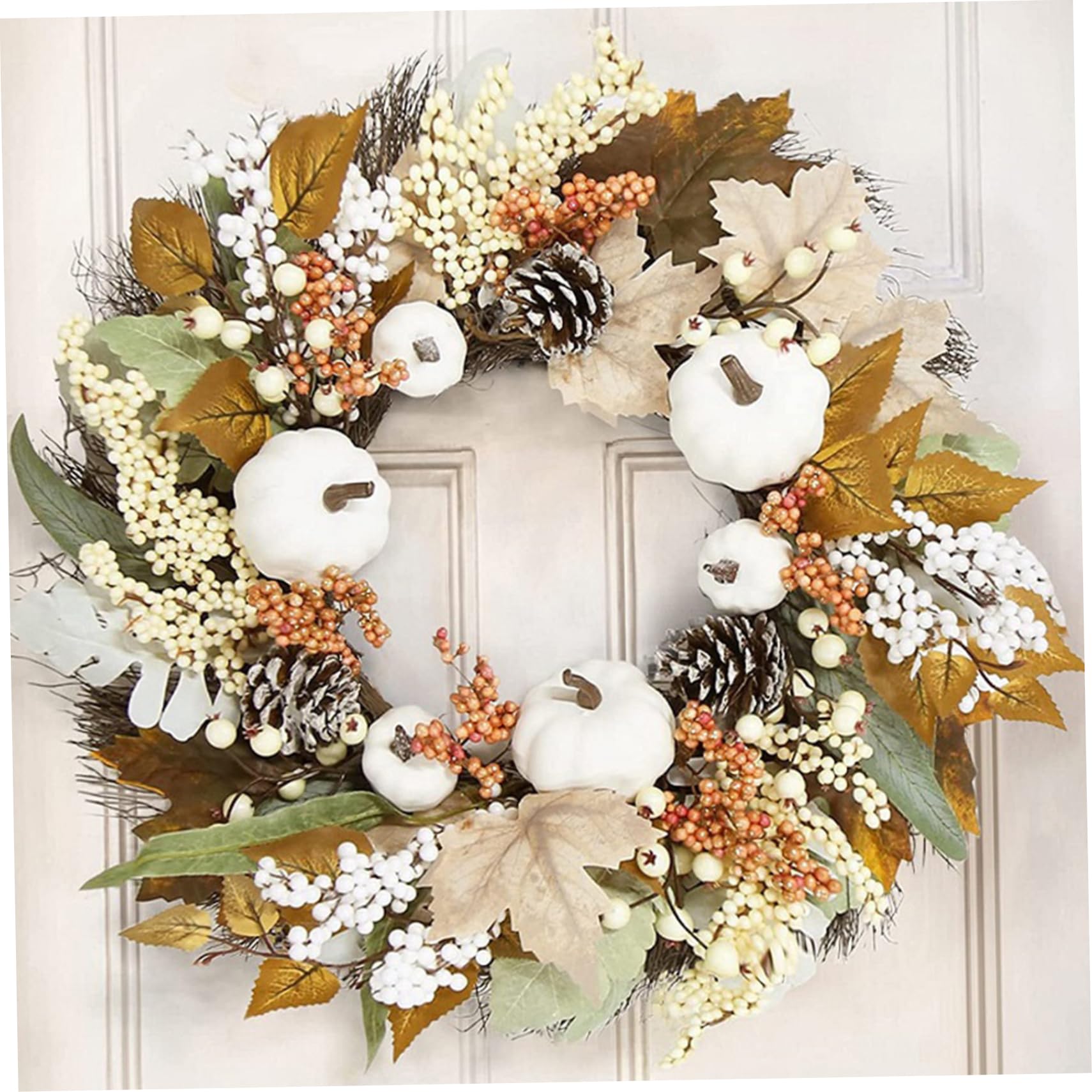 18" Fall Door Wreath with Maple Leaf, Pumpkin Pine Cone Berry Thanksgiving Home Decor