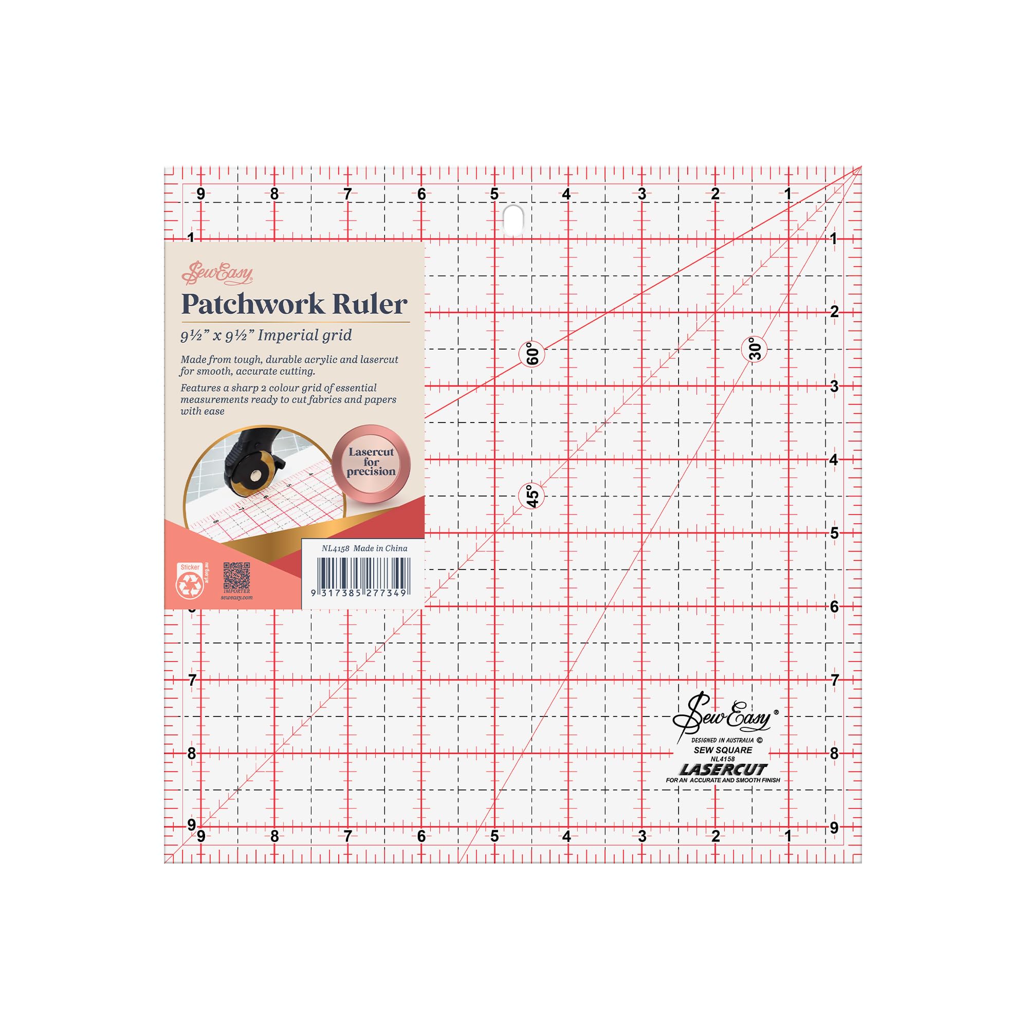 Sew Easy 9.5” Square Template – Quilting & Patchwork Rule for Applique Sewing, Transparent Acrylic Non-Slip — image 1