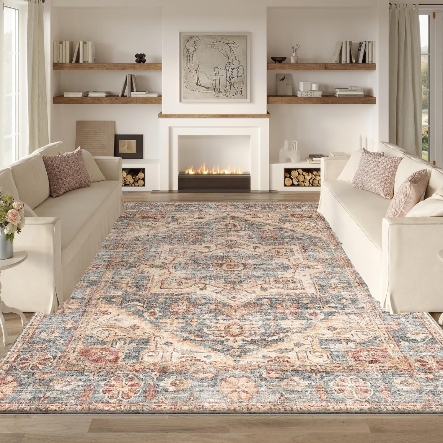 Area Rug 8x10 Large Living Room,Machine Washable Rugs,Stain Resistant Soft Thin Non-Slip Carpet,Neutral Boho Vintage Home Decor,for Indoor Bedroom,Office,Farmhouse,Dining Grayish Blue 8'×10'