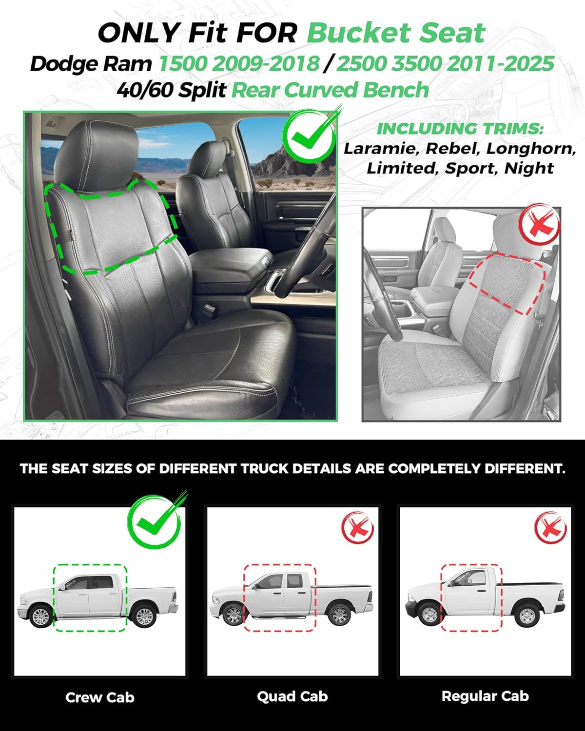 for dodge ram leather seat covers, 2009-2018 crew cab 1500 longhorn laramie sport rebel, 2011-2026 ram 2500 3500 custom fit truck seat cover full set, black (40/60 split curved bench) black 1500 11-18/2500 3500 11-26 (longhorn-curved bench)