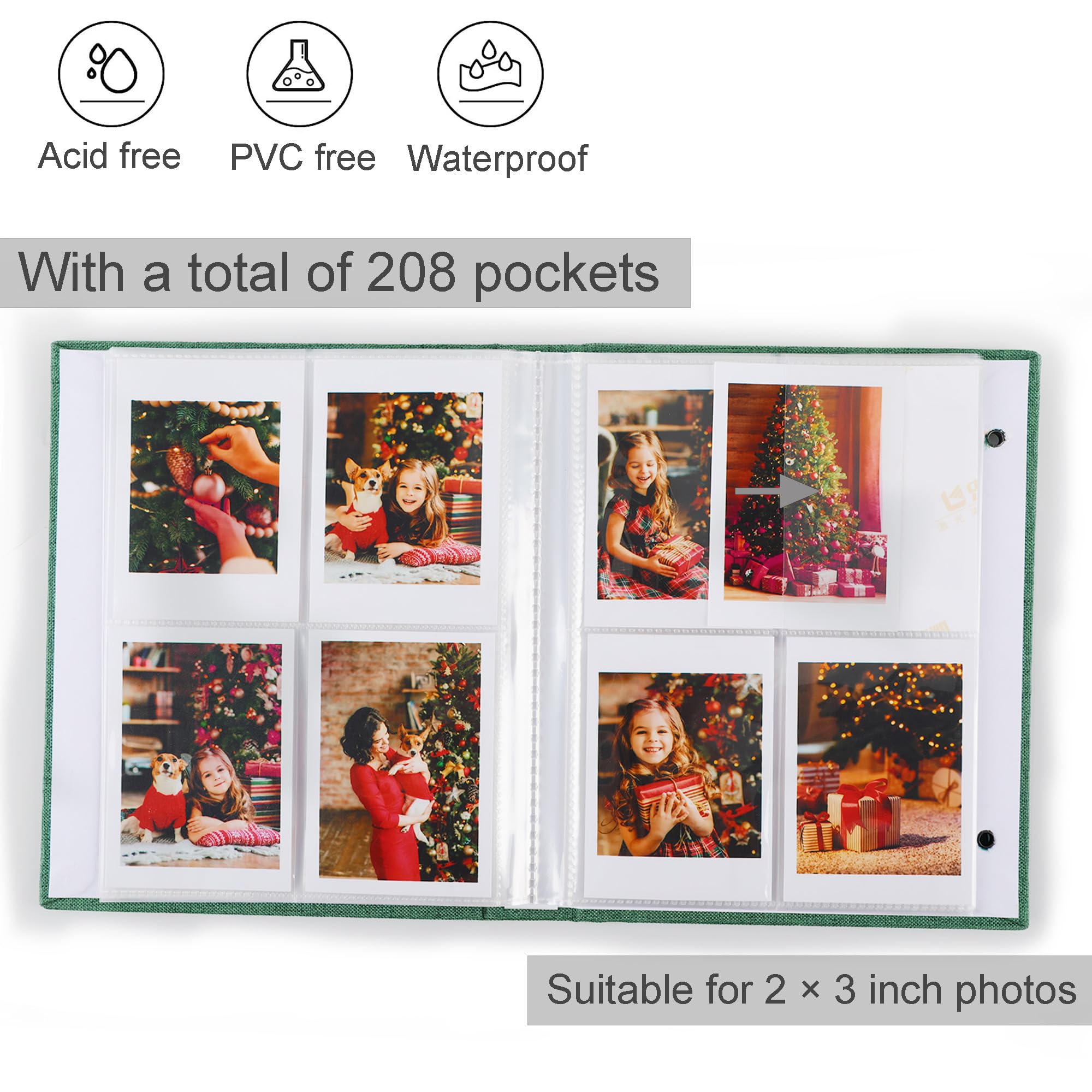 Polaroid Fotoalbum, kleines Bilderbuch für 280 Fotos, grünes Erinnerungsbuch für 2 × 7,6 cm Bilder, Leineneinband, Fotokartenalbum mit Sichtfenster, ideal für Hochzeit, Reisen, Baby Growth