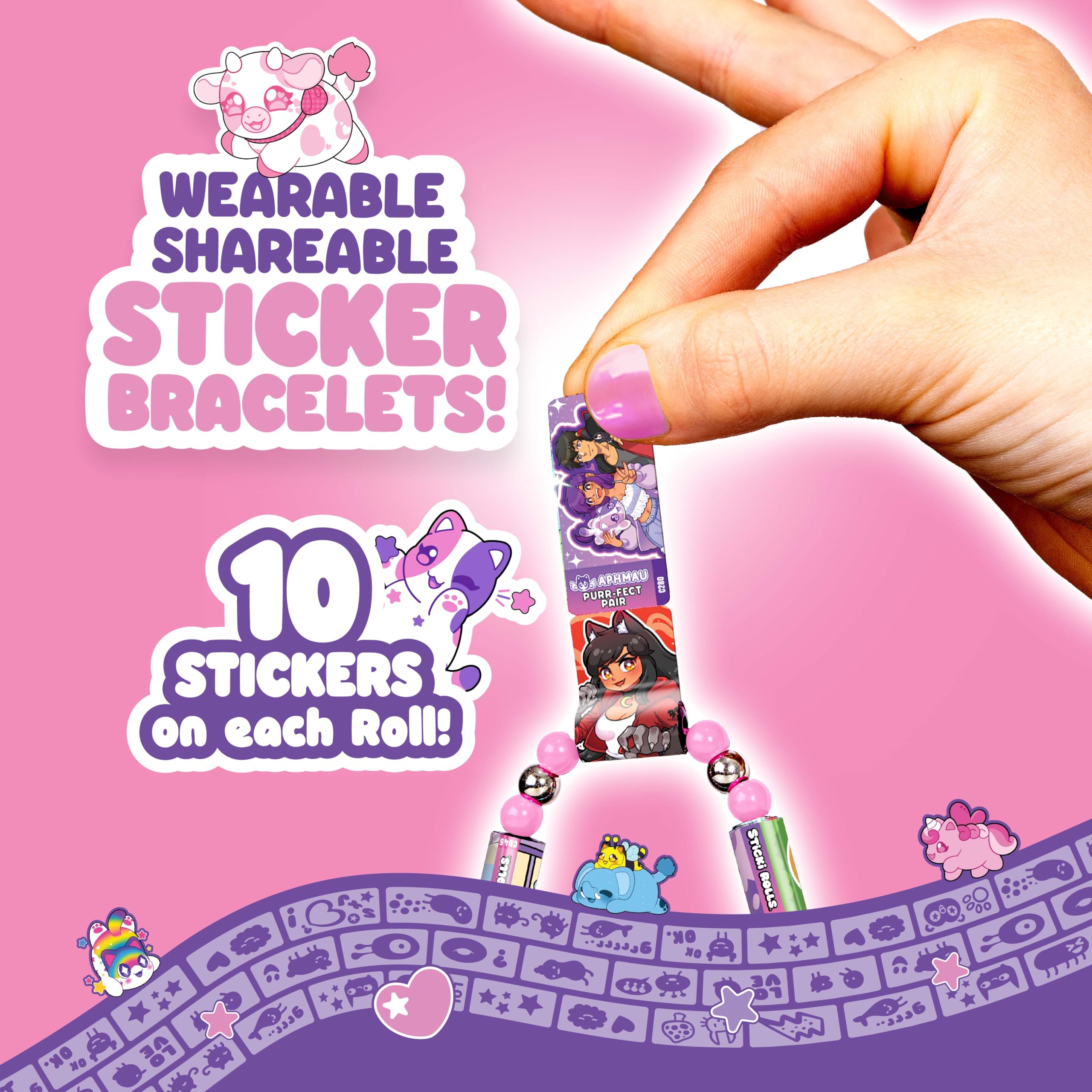 Sticki Rolls x Aphmau Ciondolo & Bracciale Set, Edizione Limitata, Include 120 Adesivi, Ciondolo Olografico Aphmau & Braccialetto, da Collezione Kawaii Divertimento!