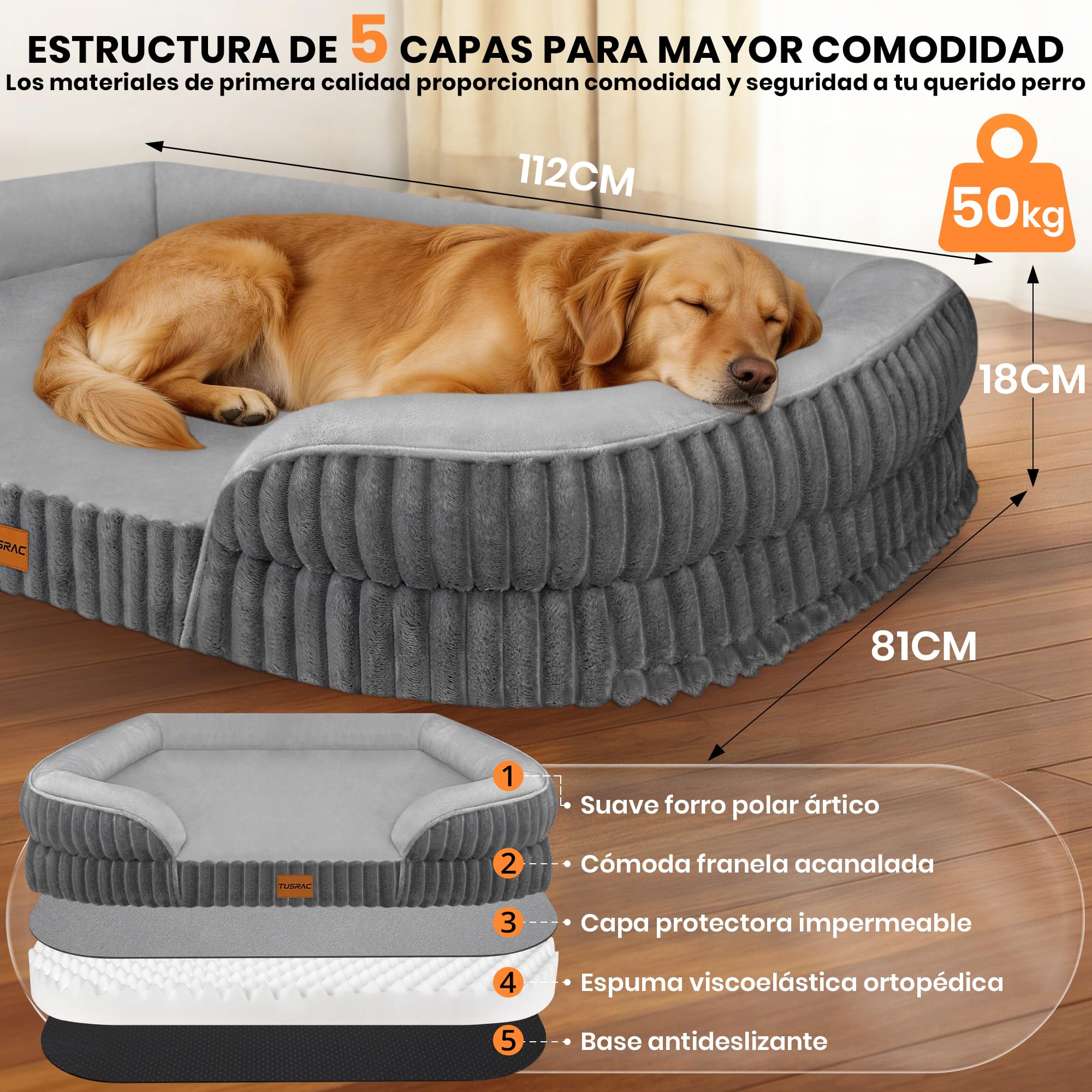 Cama Perro Grande, Camas Perros Desmontable y Lavable, 112x81x18cm | Cama Perro Ortopédica con Espuma Viscoelástica en Forma de Huevo, Diseño con tres lados elevados, Impermeable Antideslizante