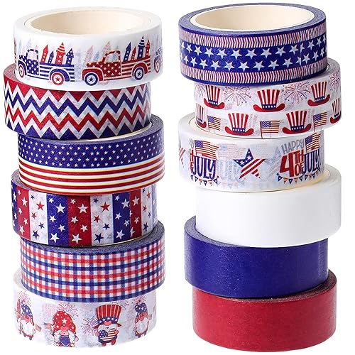 12 rollos de cinta Washi del 4 de julio, cinta Washi roja, blanca y azul, cinta adhesiva decorativa de rayas de bandera de estrellas para álbumes de