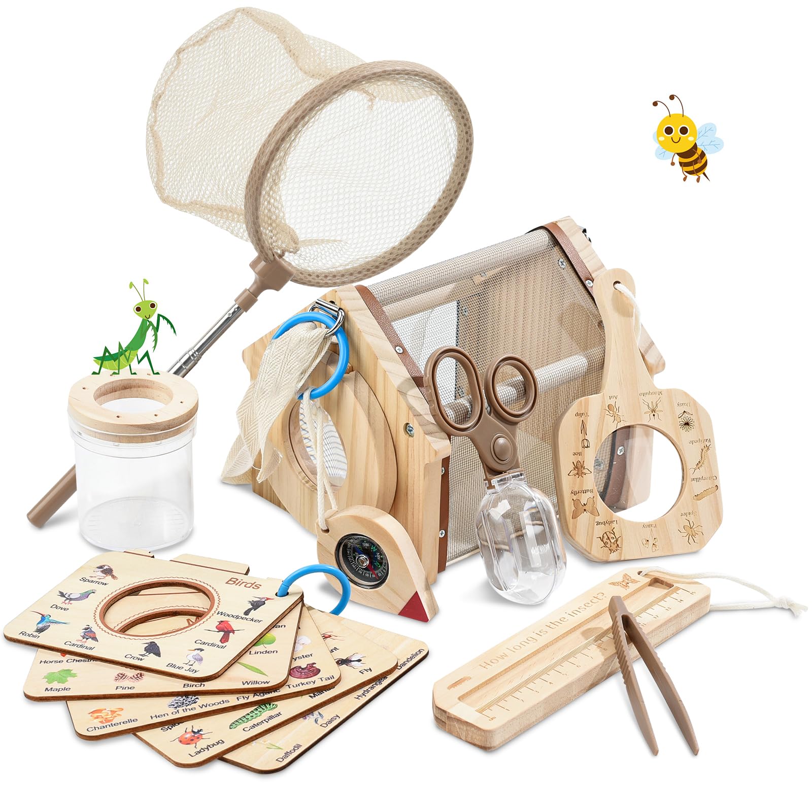 10 PCS Wooden Bug Hunting Kit for Children, Outdoor Explorer Kit with Bug Cage, Magnifying Glass, Compass, Butterfly Net & Storage Bag, Nature Adventure Set, Educational Toys Gifts for Boys & Girls