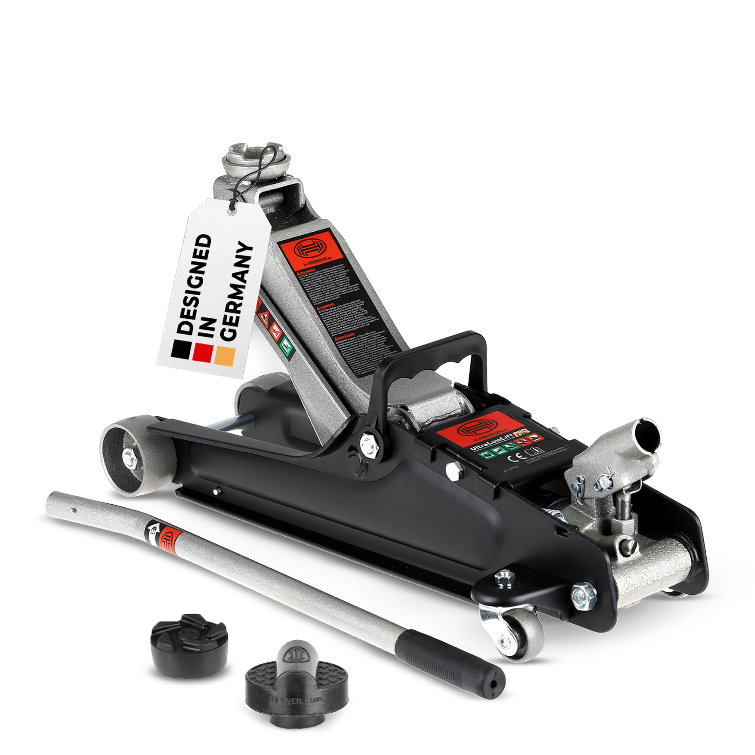 HEYNER® Zestaw hydraulicznych podnośników manewrowych 2,25 t – wyjątkowo płaski (85–380 mm), 2 koła obrotowe, gumowe talerze o średnicy 45 mm, w zestawie gumowa podkładka do samochodów marki Audi,
