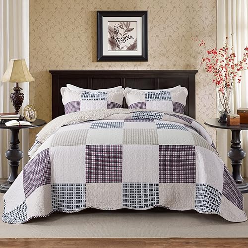 NEWLAKE Cotton Bedspread Quilt Sets-Reversible Patchwork Coverlet Set, Rhythm Square Pattern, Queen Size