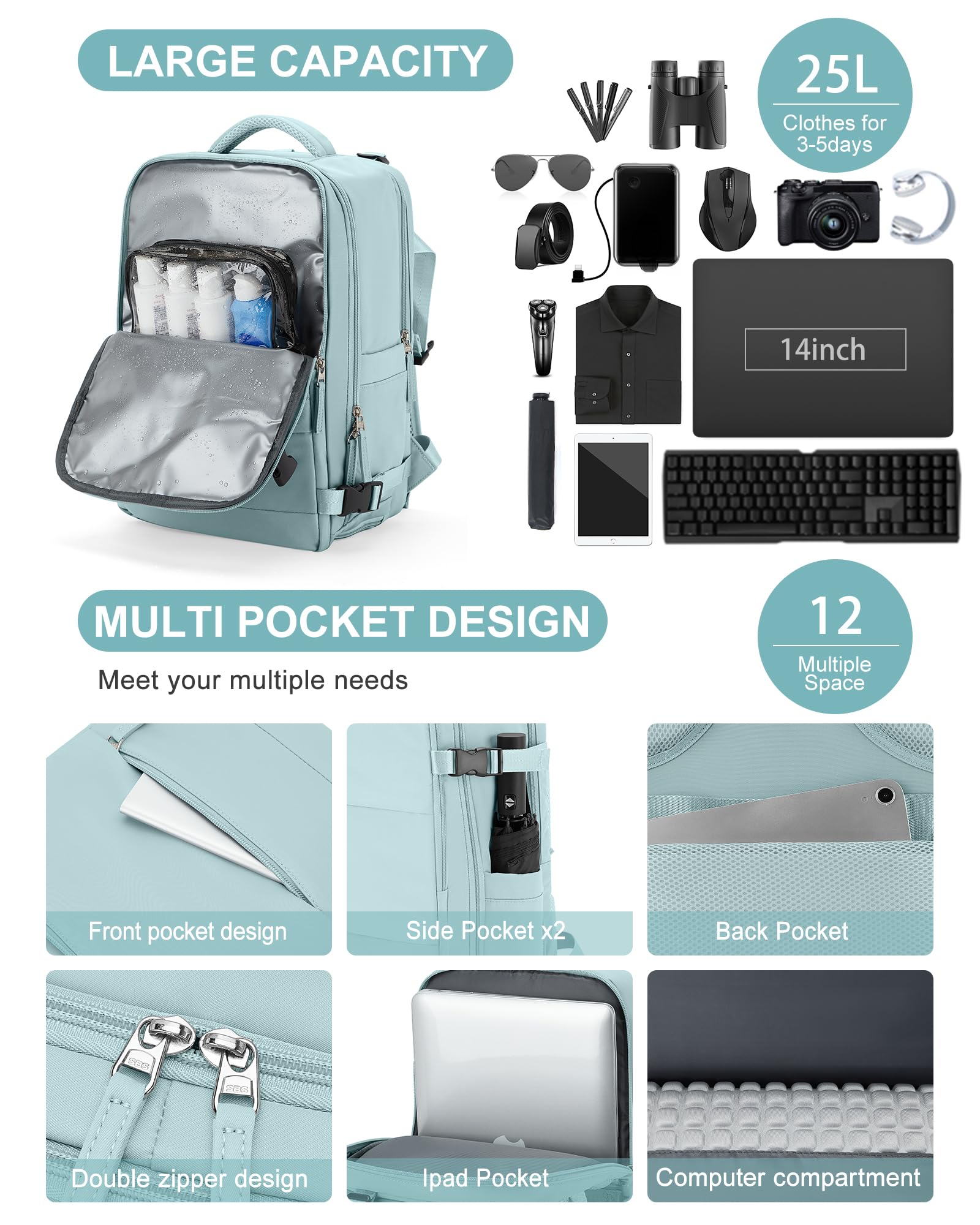 BJLFS Borse da Cabina per Ryanair 40x20x25 Zaino sottovuoto da viaggio Bagaglio a Mano con compressione sottovuoto,Zaino Easyjet 45x36x20,Zaini Casual per laptop da 14 pollici per scuola